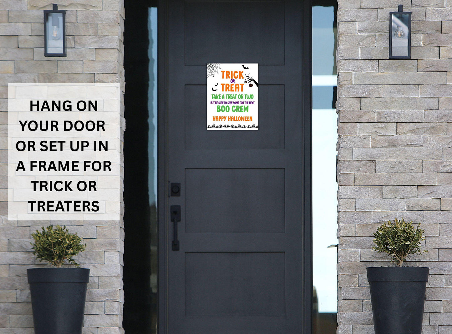 Decorative sign for trick or treaters on a door with stone wall background