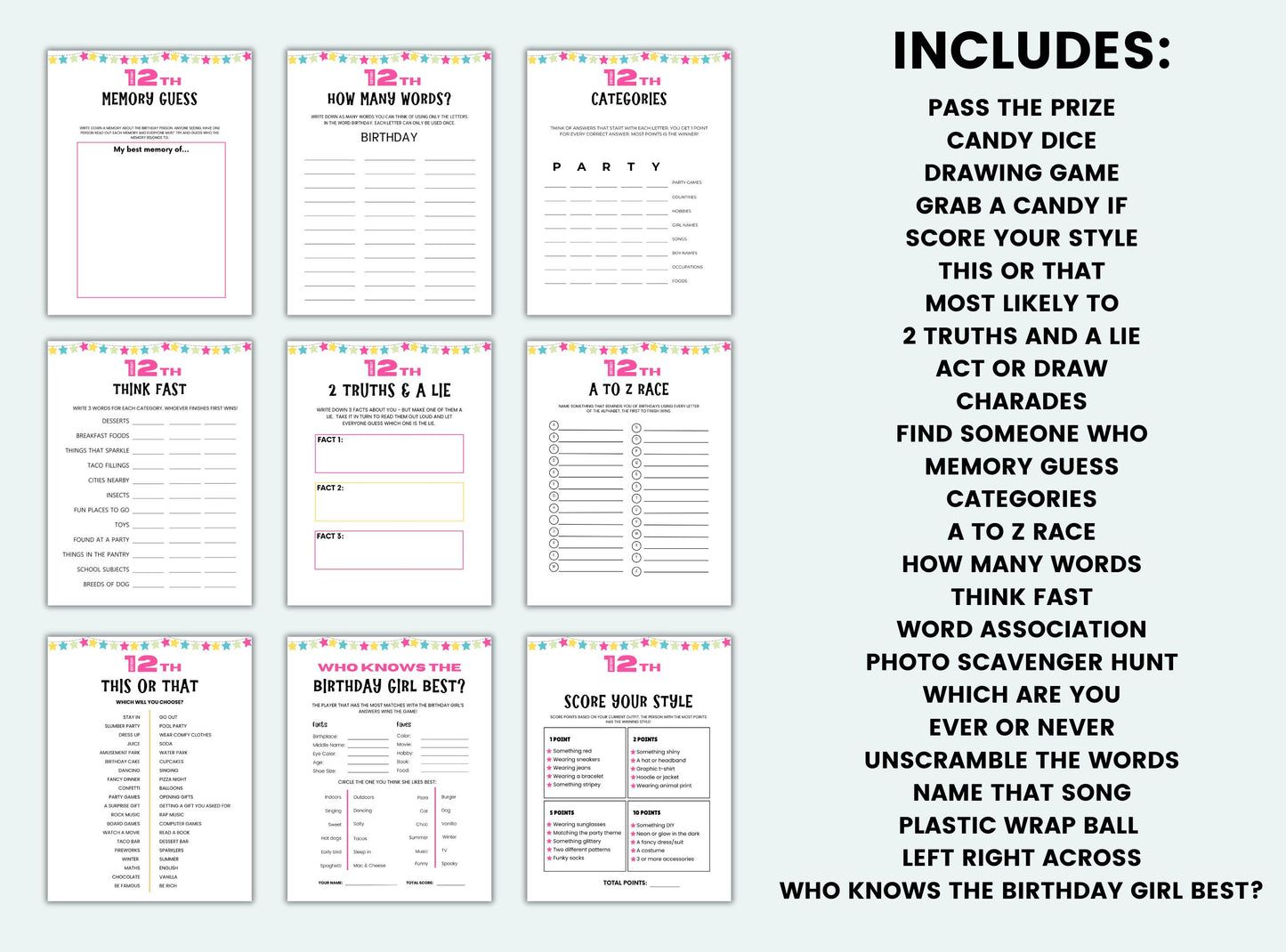 printable 12th Birthday Party Games Bundle.