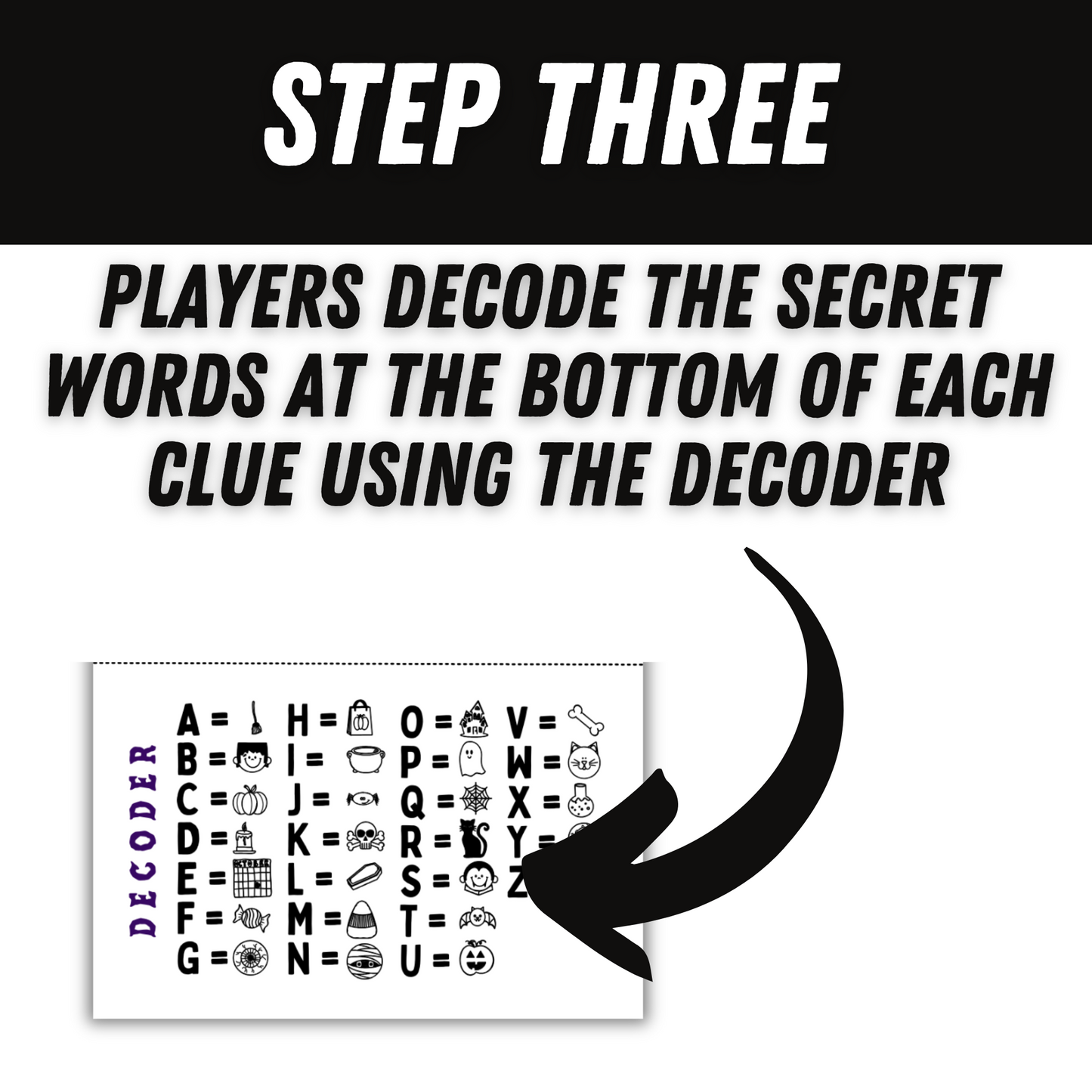 Instructional graphic with text and a decoder for decoding secret words.