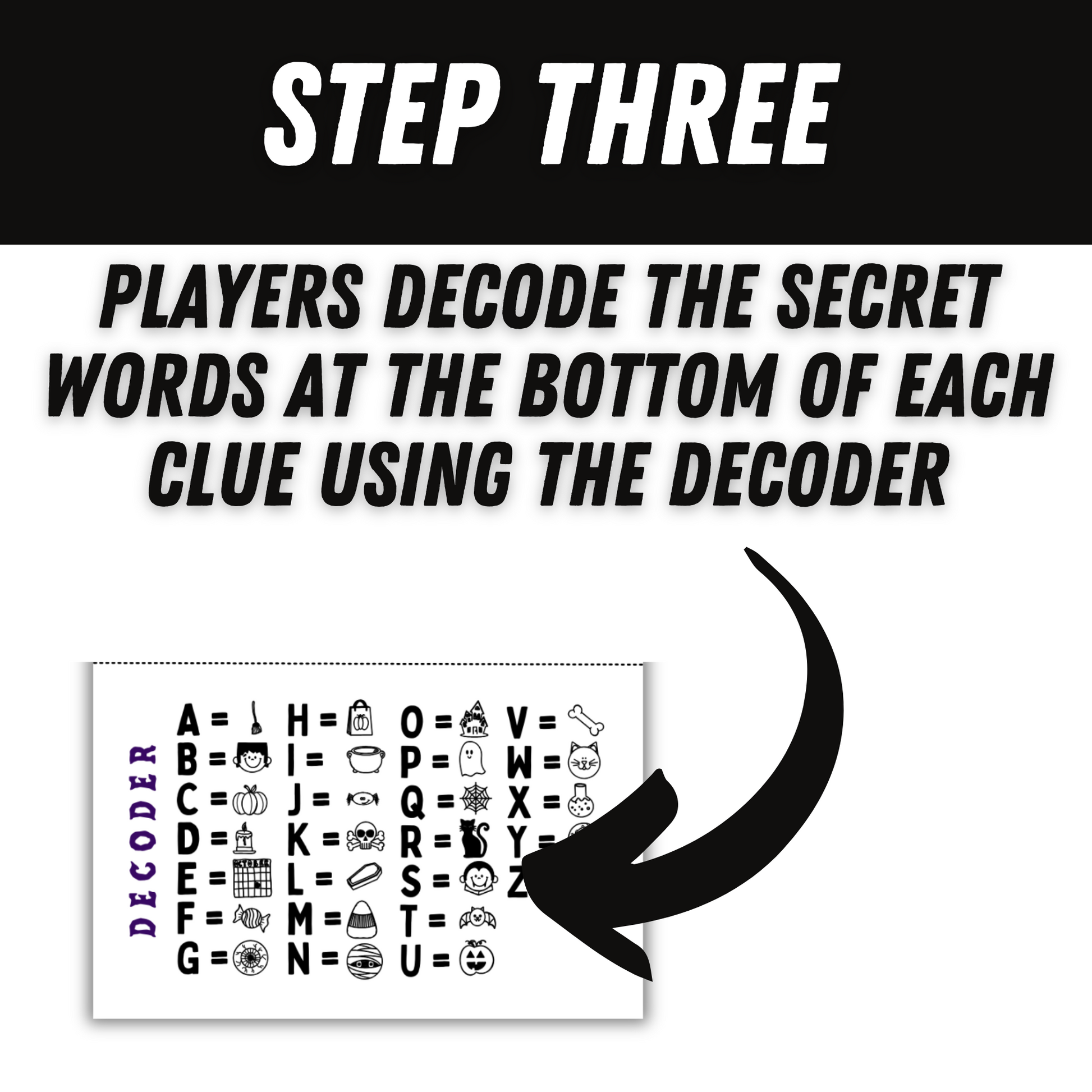 Instructional graphic with text and a decoder for decoding secret words.