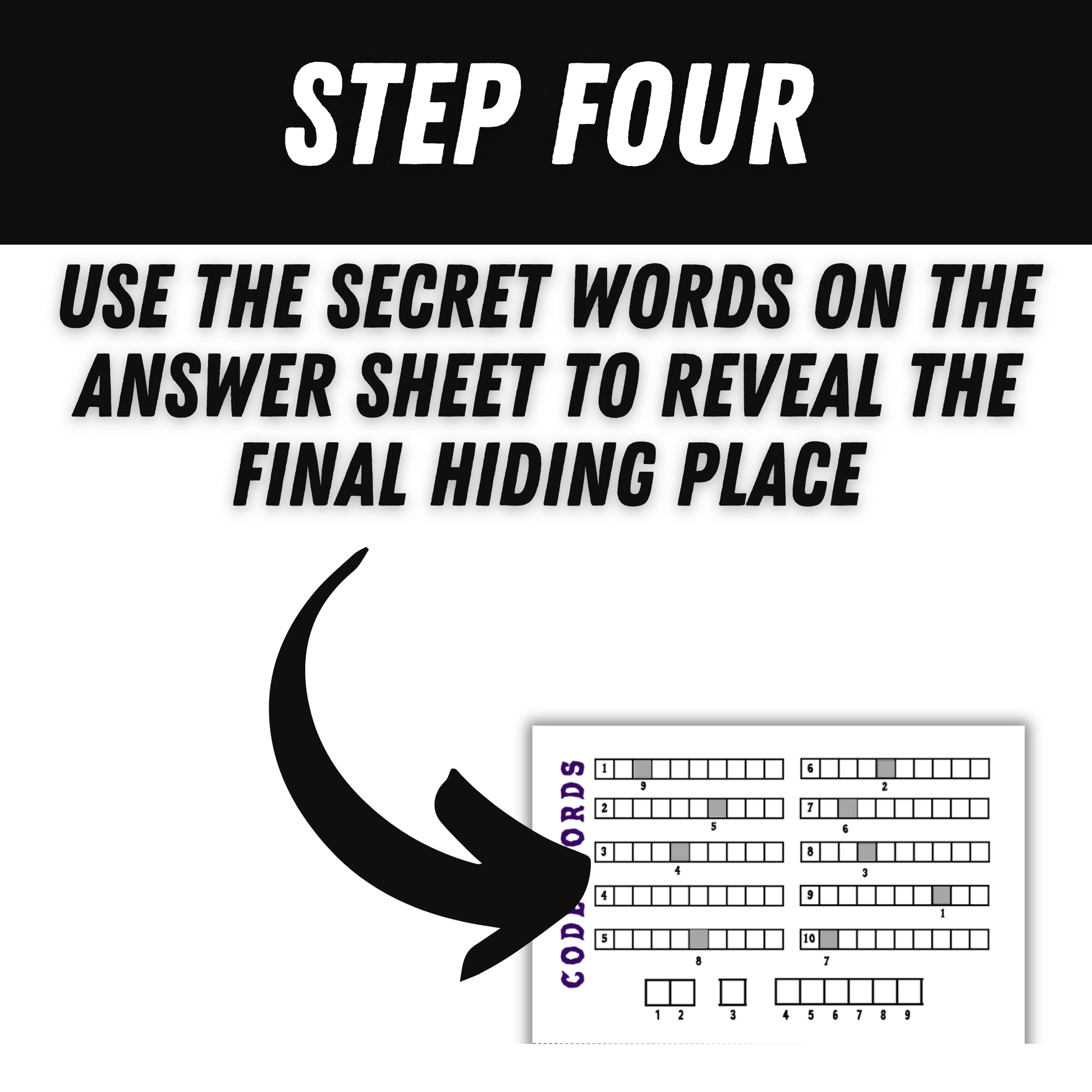 Instructional graphic with text and a code sheet, indicating a game or puzzle involving secret words.