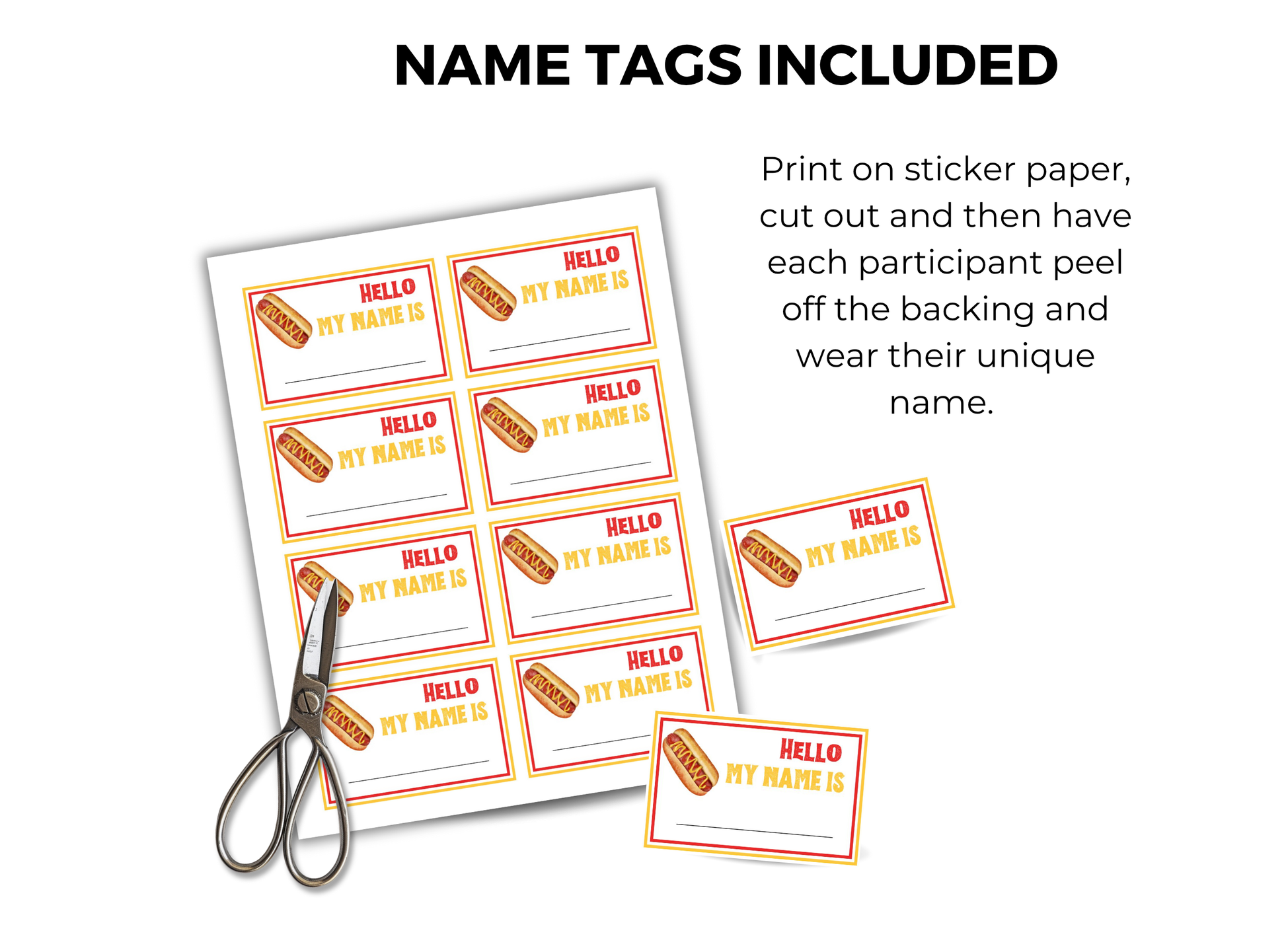 Sheet of name tags with text 'Hello, My Name Is' and a pair of scissors on a white background.