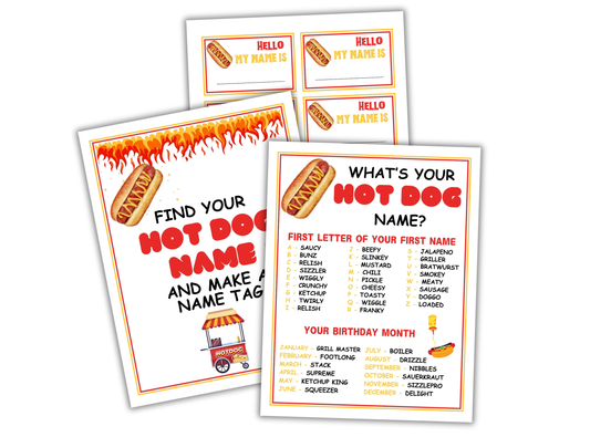 Set of three cards with hot dog-themed name tags and activities on a white background