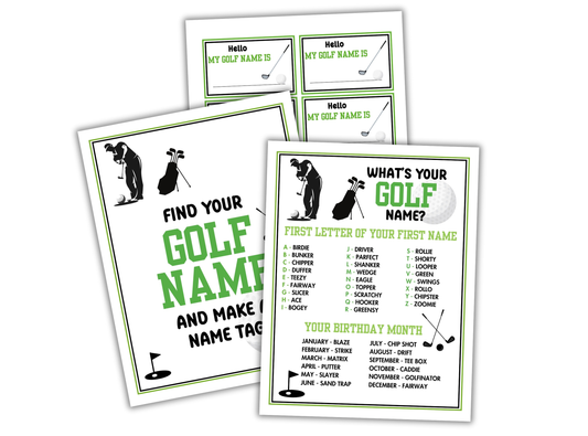 Golf-themed name tag printables with golf-related text and graphics on a white background.