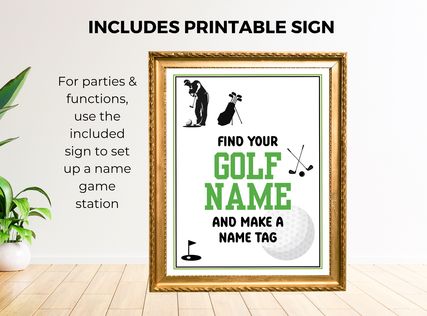 Decorative sign with golf-themed text and graphics on a white wall.