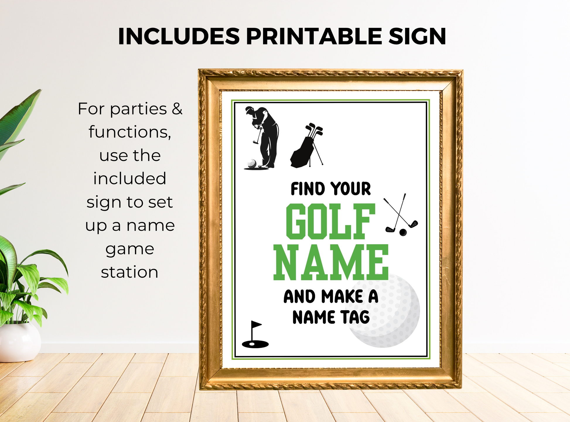 Decorative sign with golf-themed text and graphics on a white wall.