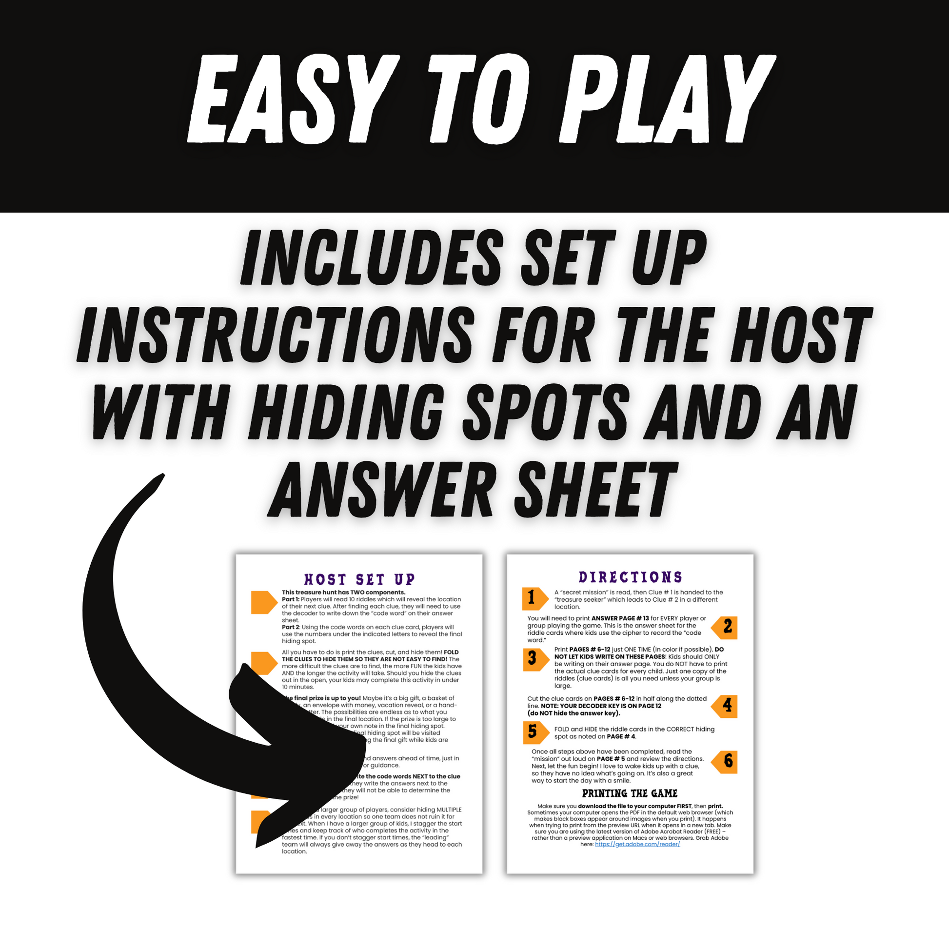 Text and arrow pointing to set up instructions and answer sheet on a black and white background