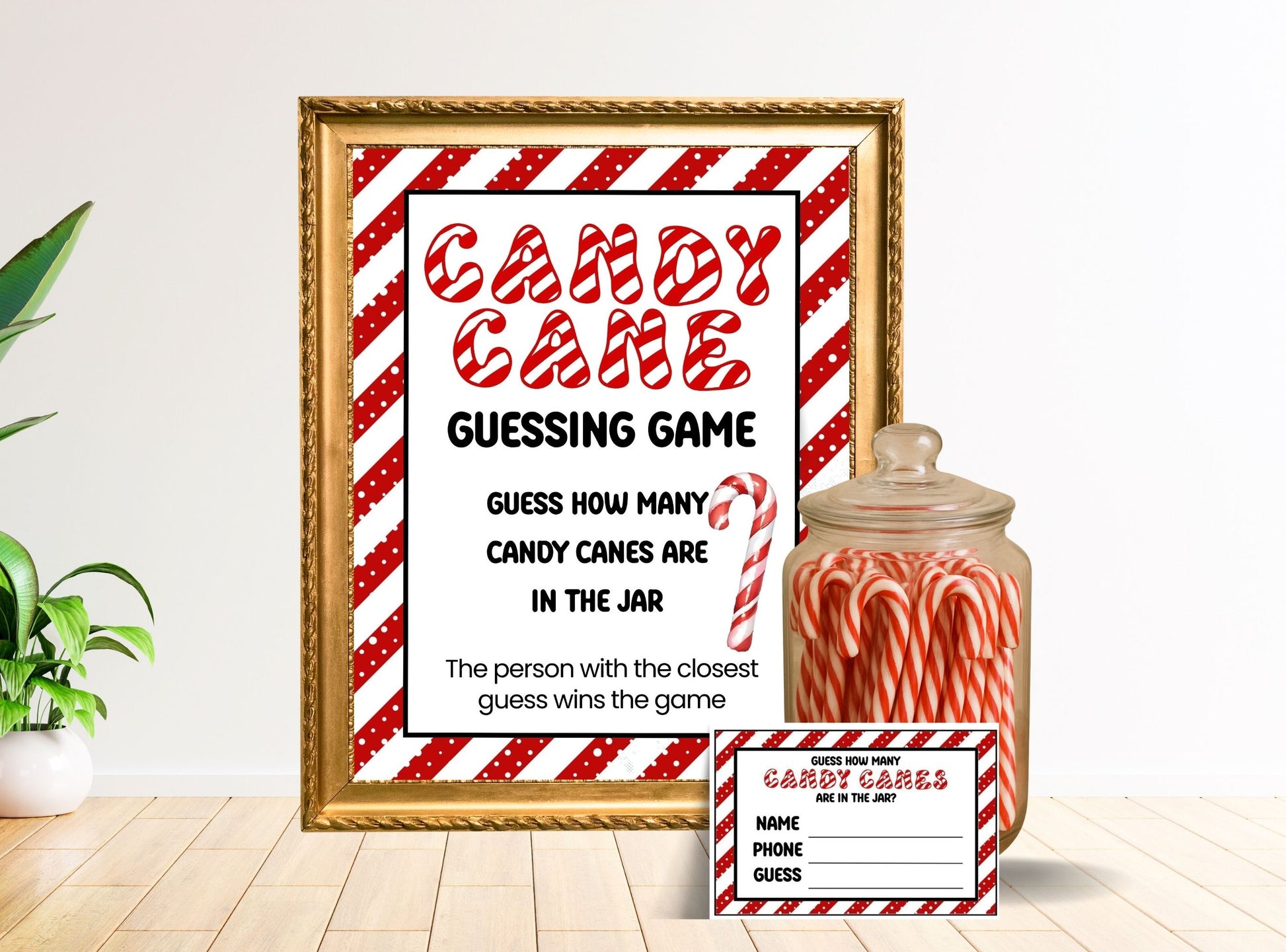 Framed candy cane guessing game sign with a jar of candy canes on a white background