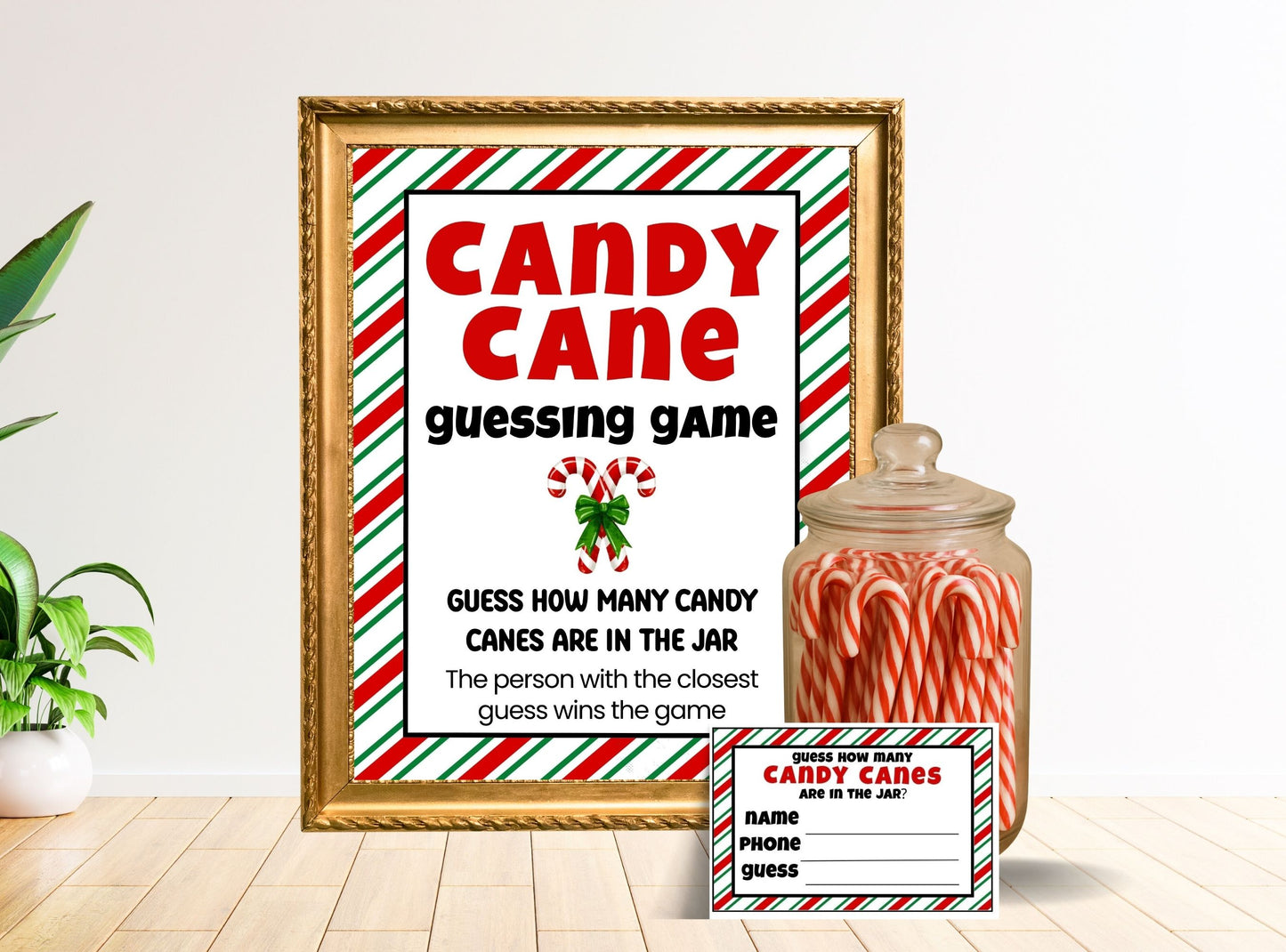Framed candy cane guessing game sign with jar of candy canes on a white background