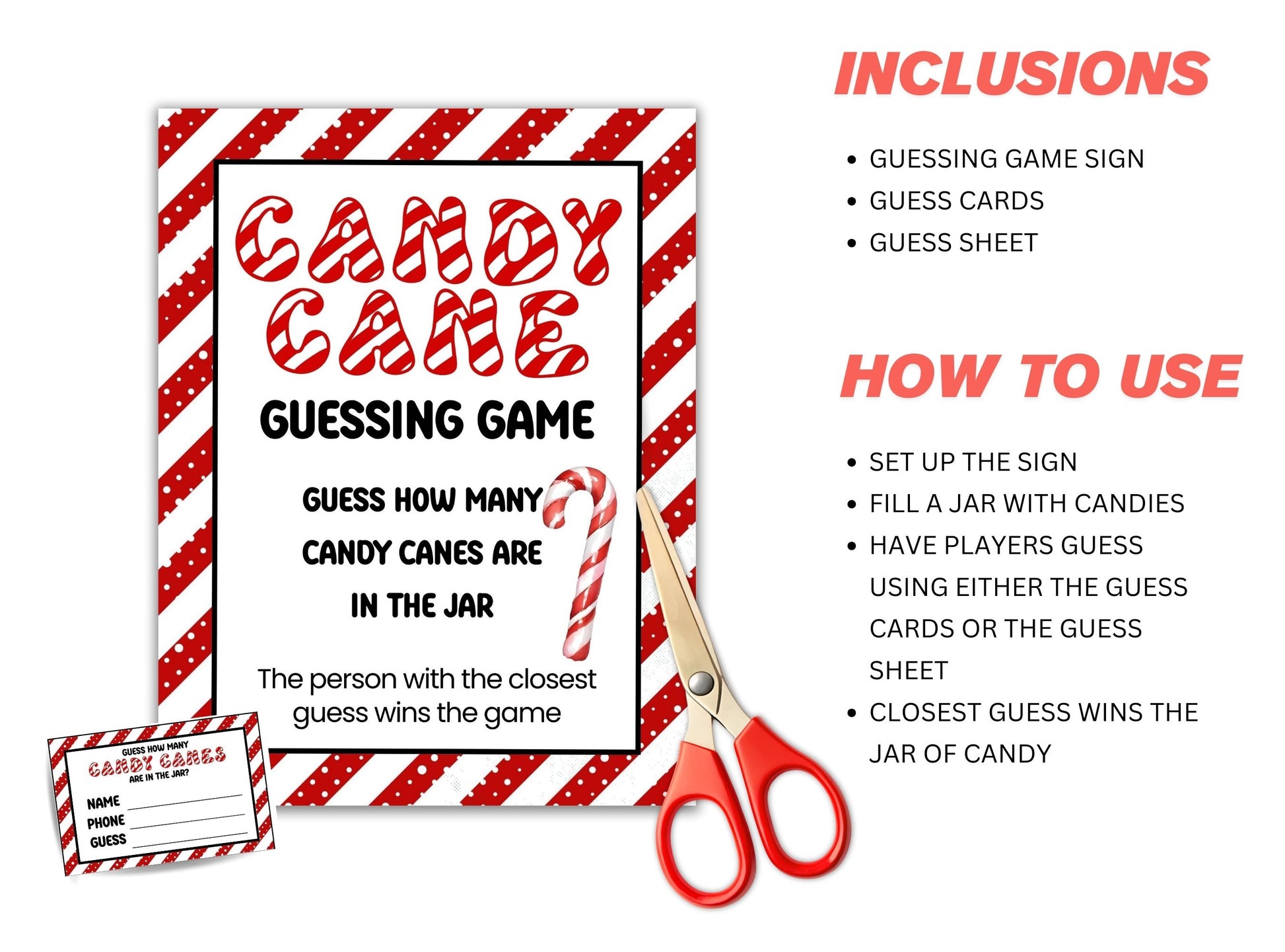 Candy cane guessing game set with sign, cards, and scissors on a white background