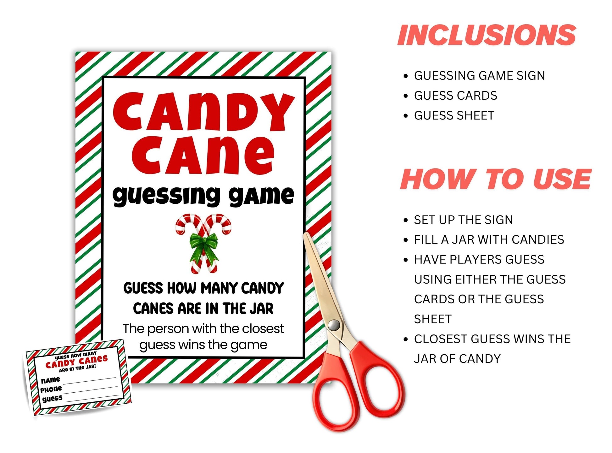 Candy Cane Guessing Game set with sign, cards, and scissors on a white background