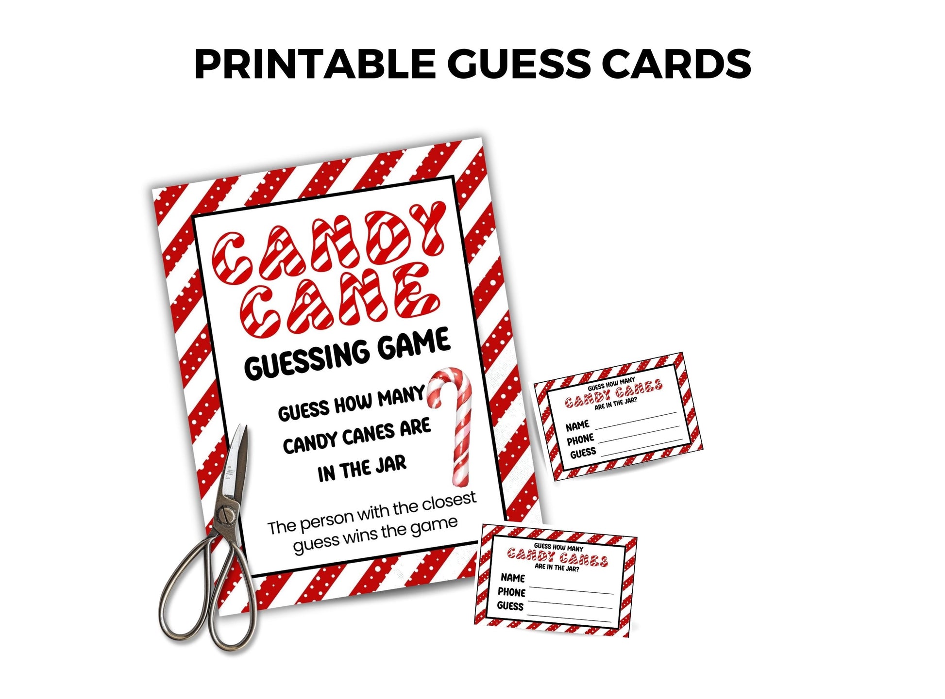 Printable candy cane guessing game cards with red and white striped border on a white background.