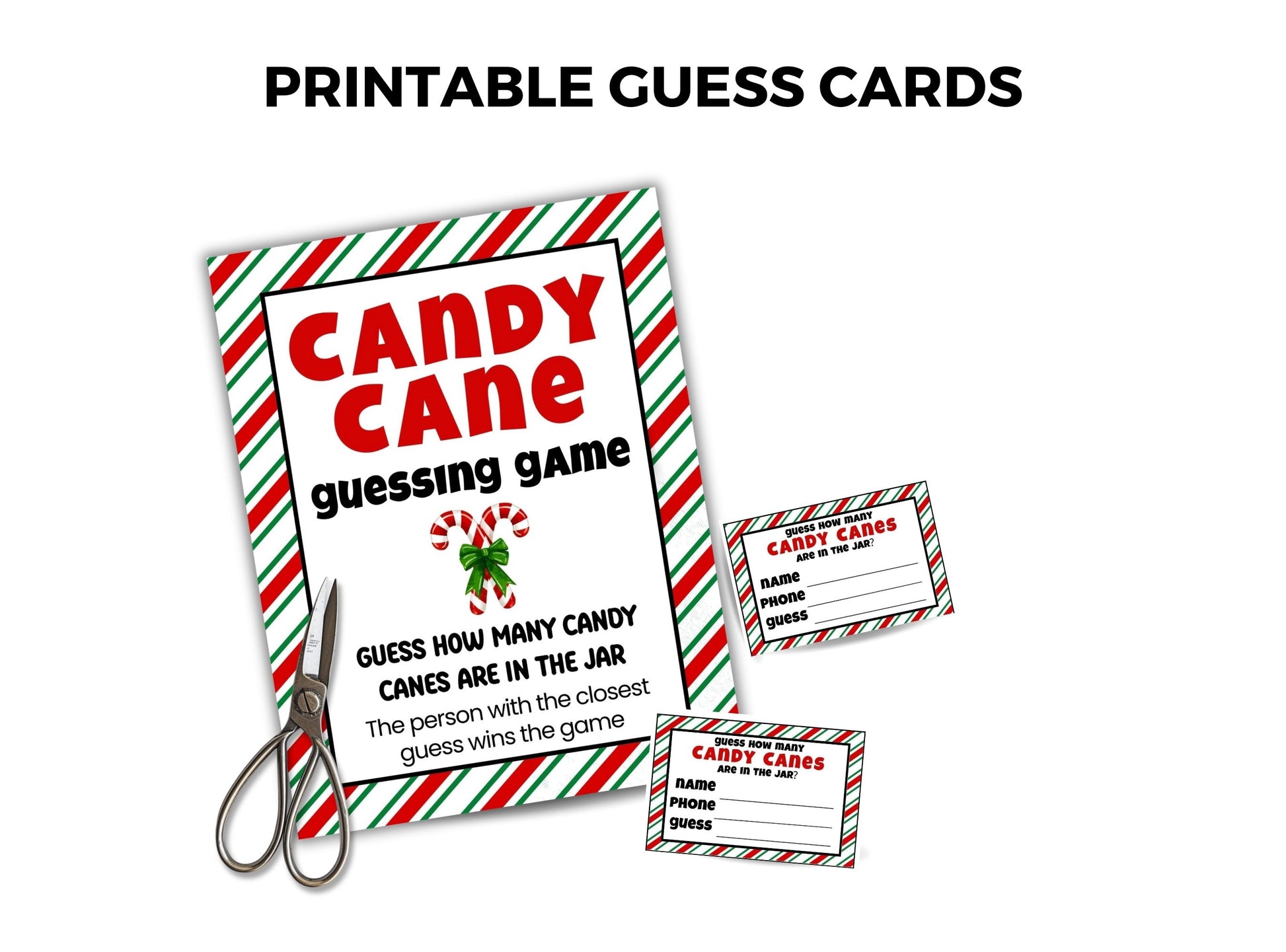 Printable candy cane guessing game cards with a pair of scissors on a white background
