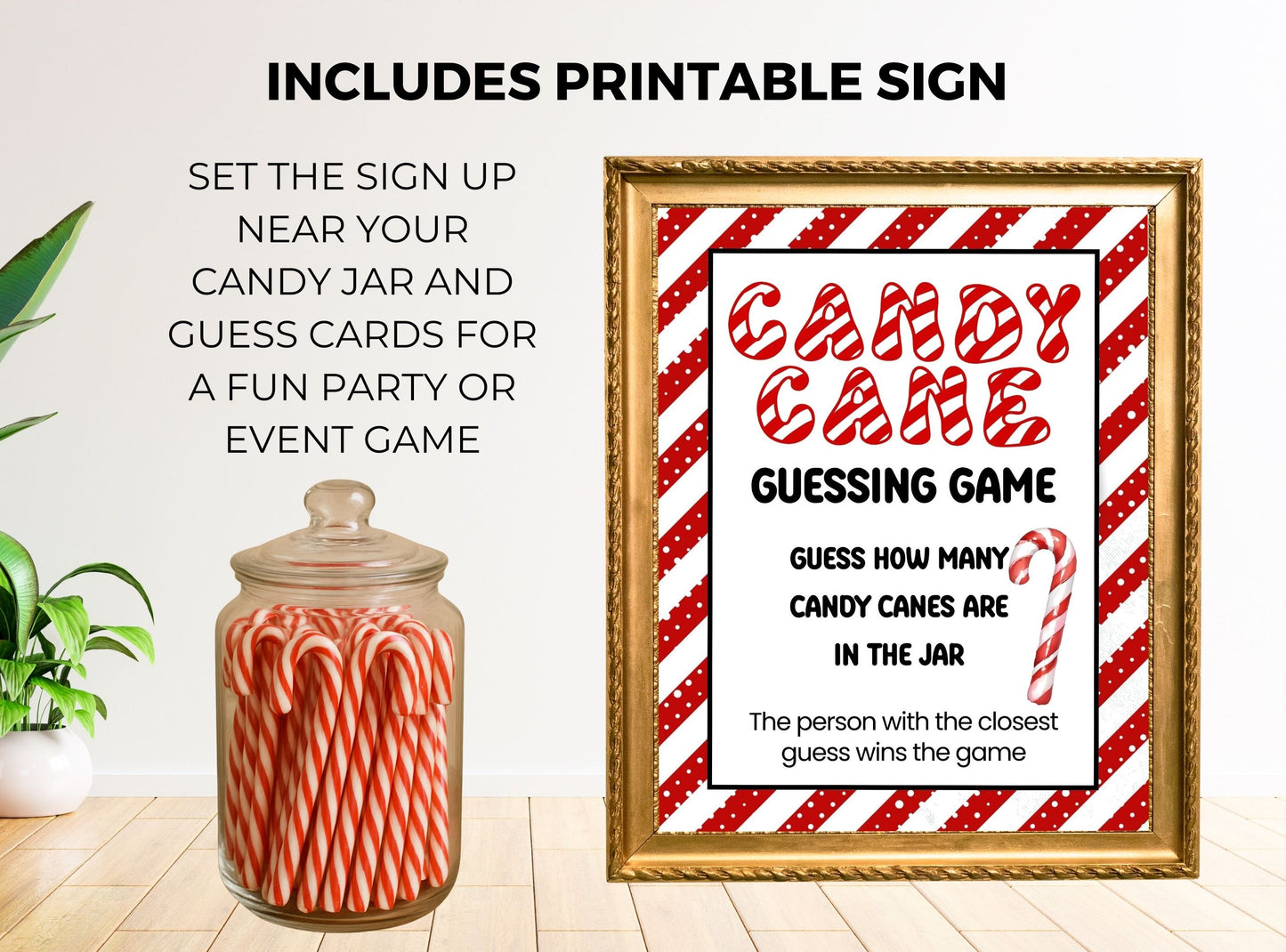 Candy cane guessing game sign with jar of candy canes on a light wooden floor.