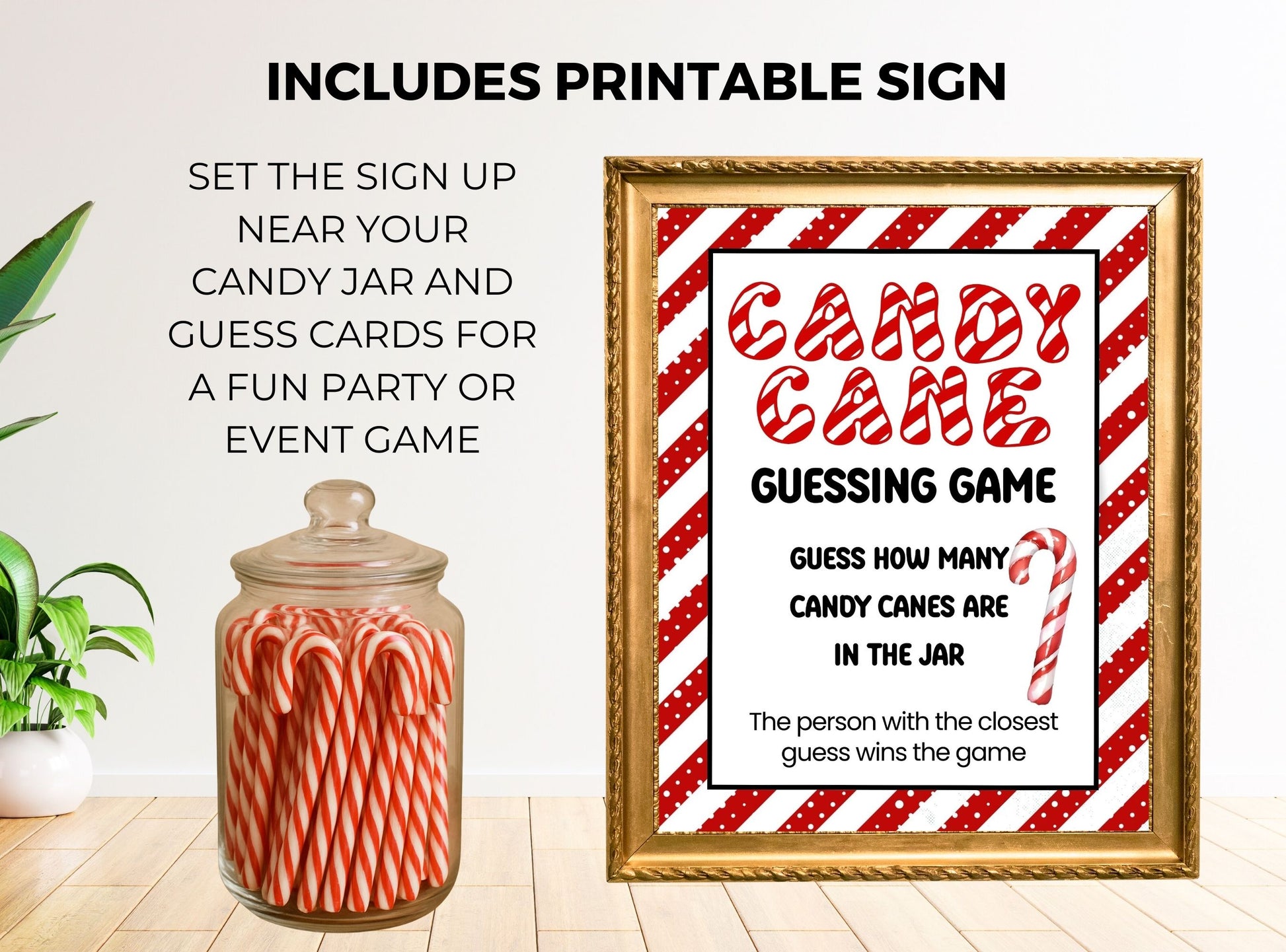 Candy cane guessing game sign with jar of candy canes on a light wooden floor.