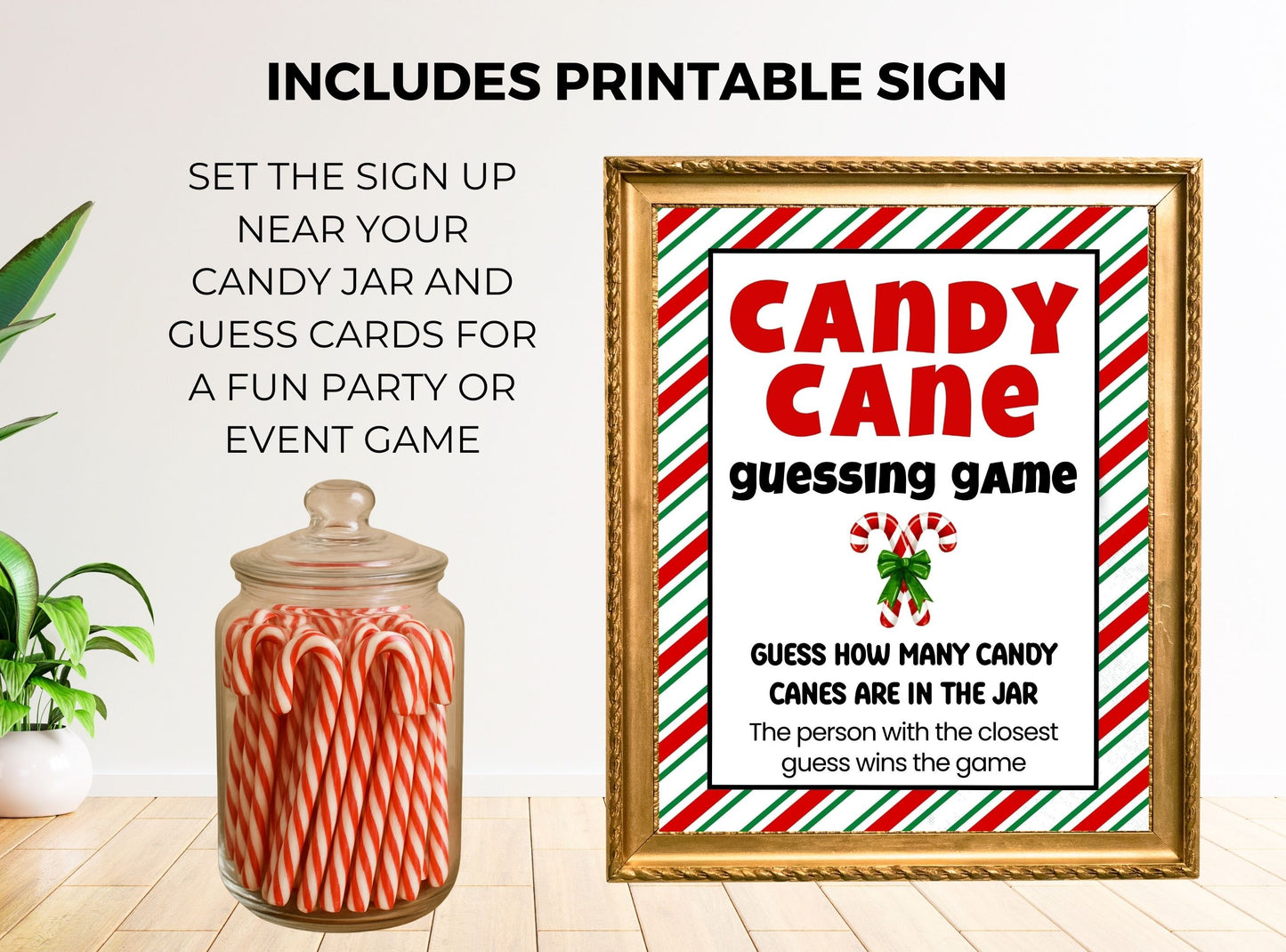 Framed candy cane guessing game sign with a jar of candy canes on a light wooden floor.