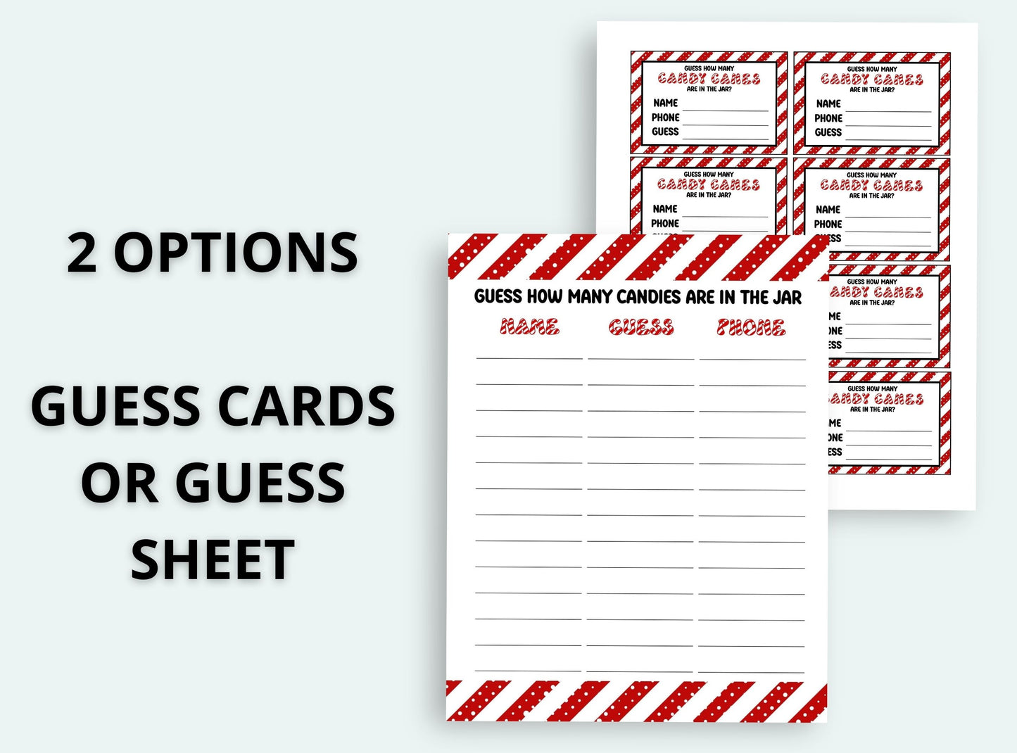 Guess cards for a candy jar game with red and white design on a white background