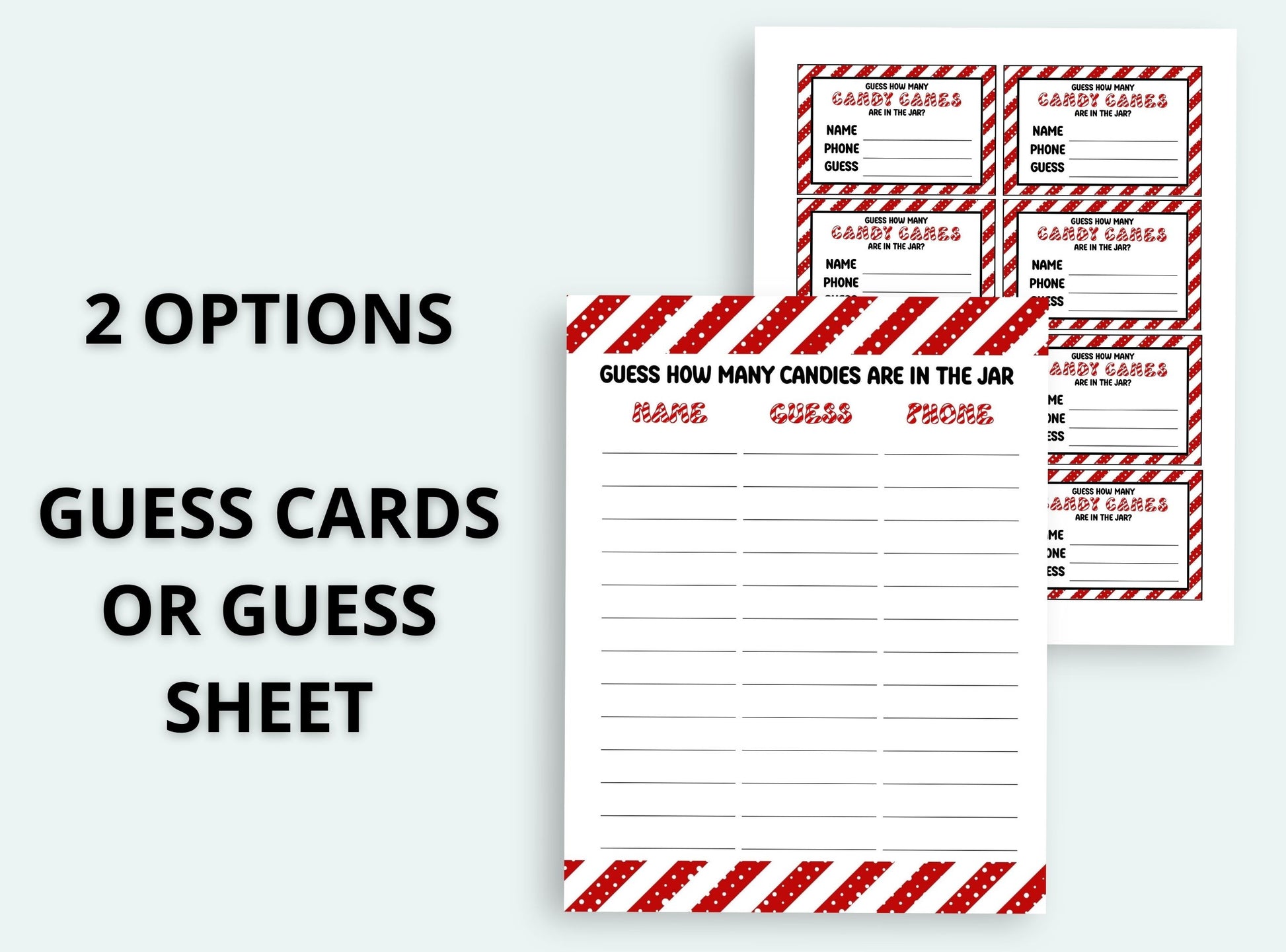 Guess cards for a candy jar game with red and white design on a white background
