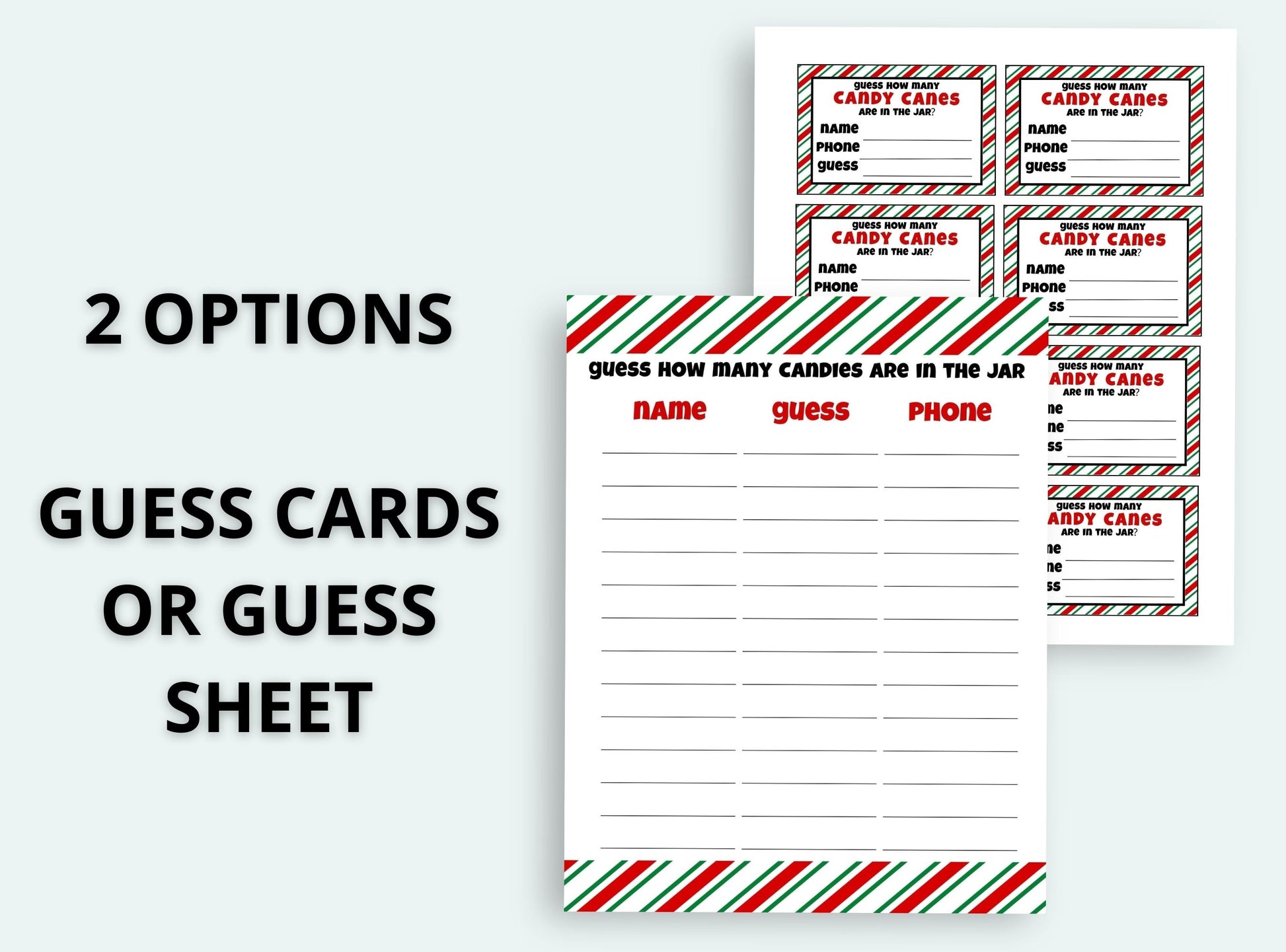 Guess cards with candy cane design on a white background