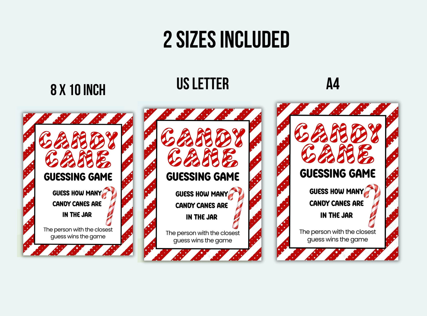 Three signs with candy cane design and text about a candy guessing game on a white background.