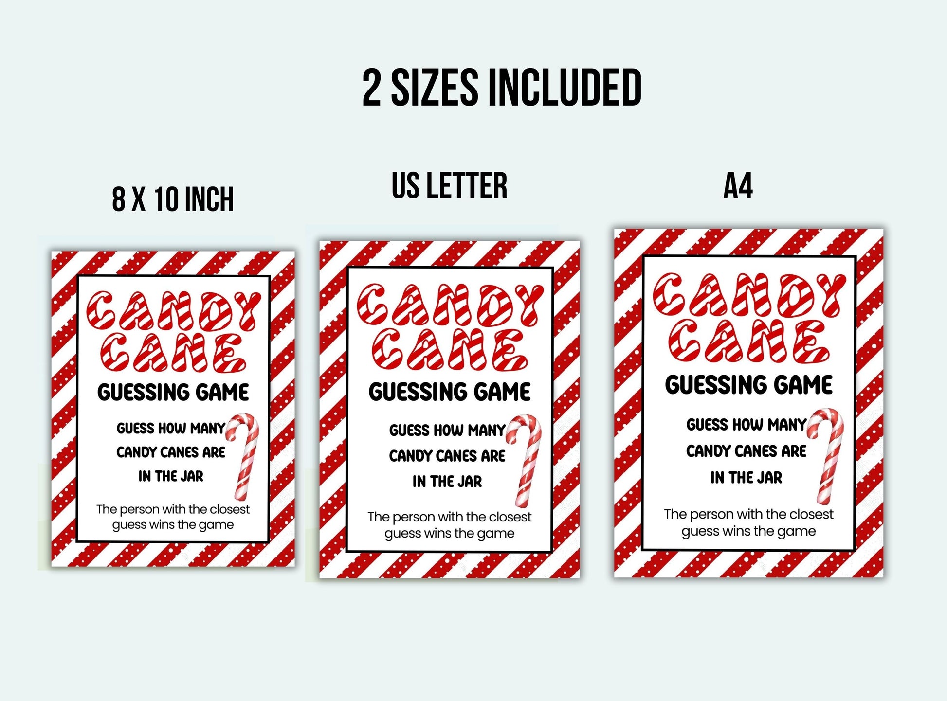 Three signs with candy cane design and text about a candy guessing game on a white background.