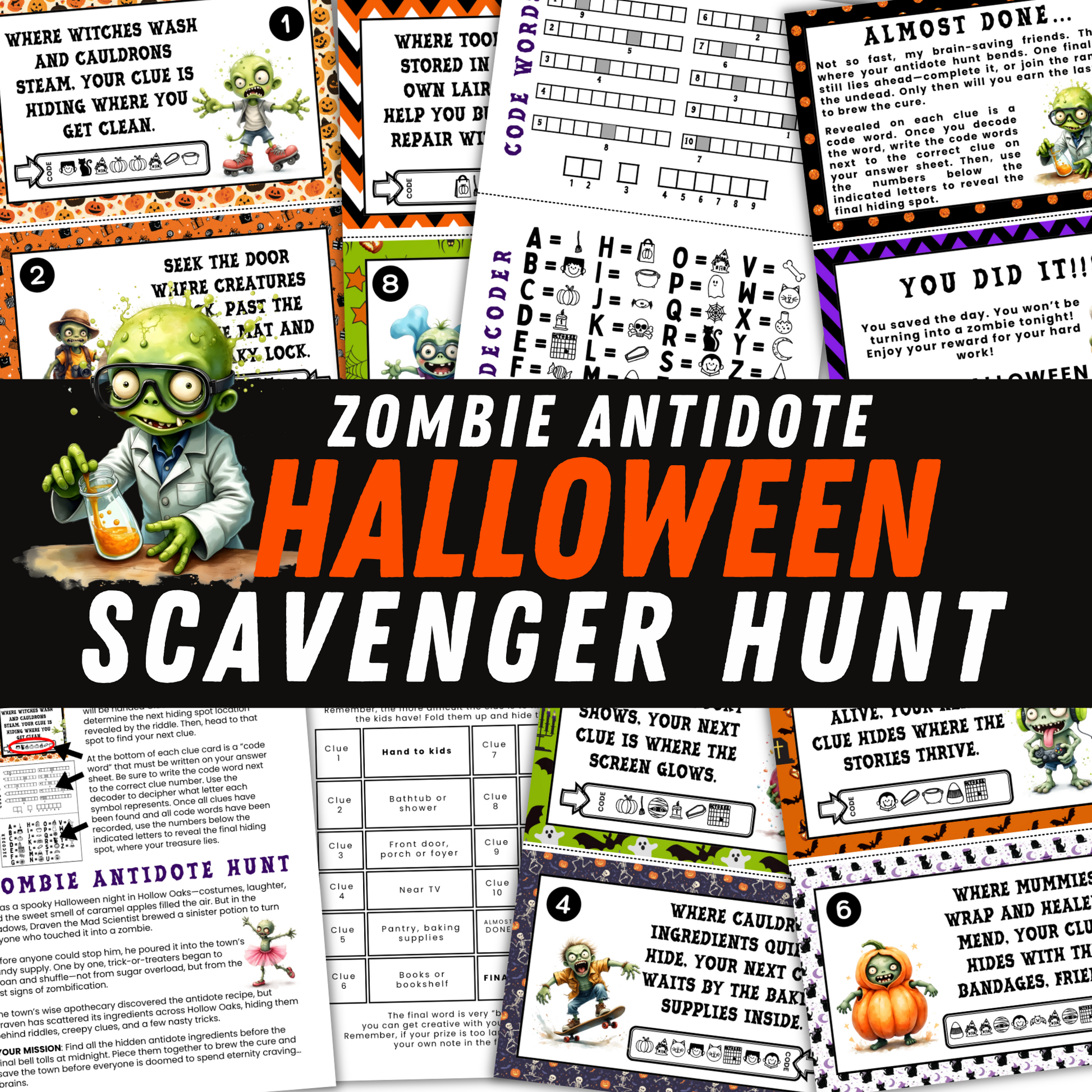 Halloween scavenger hunt cards with zombie theme and text overlay.