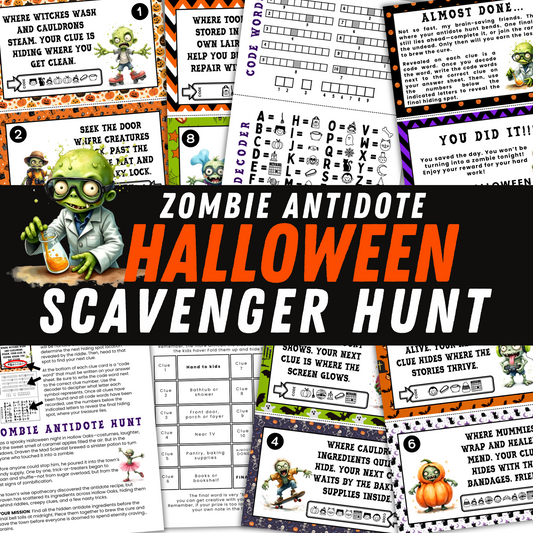 Halloween scavenger hunt cards with zombie theme and text overlay.