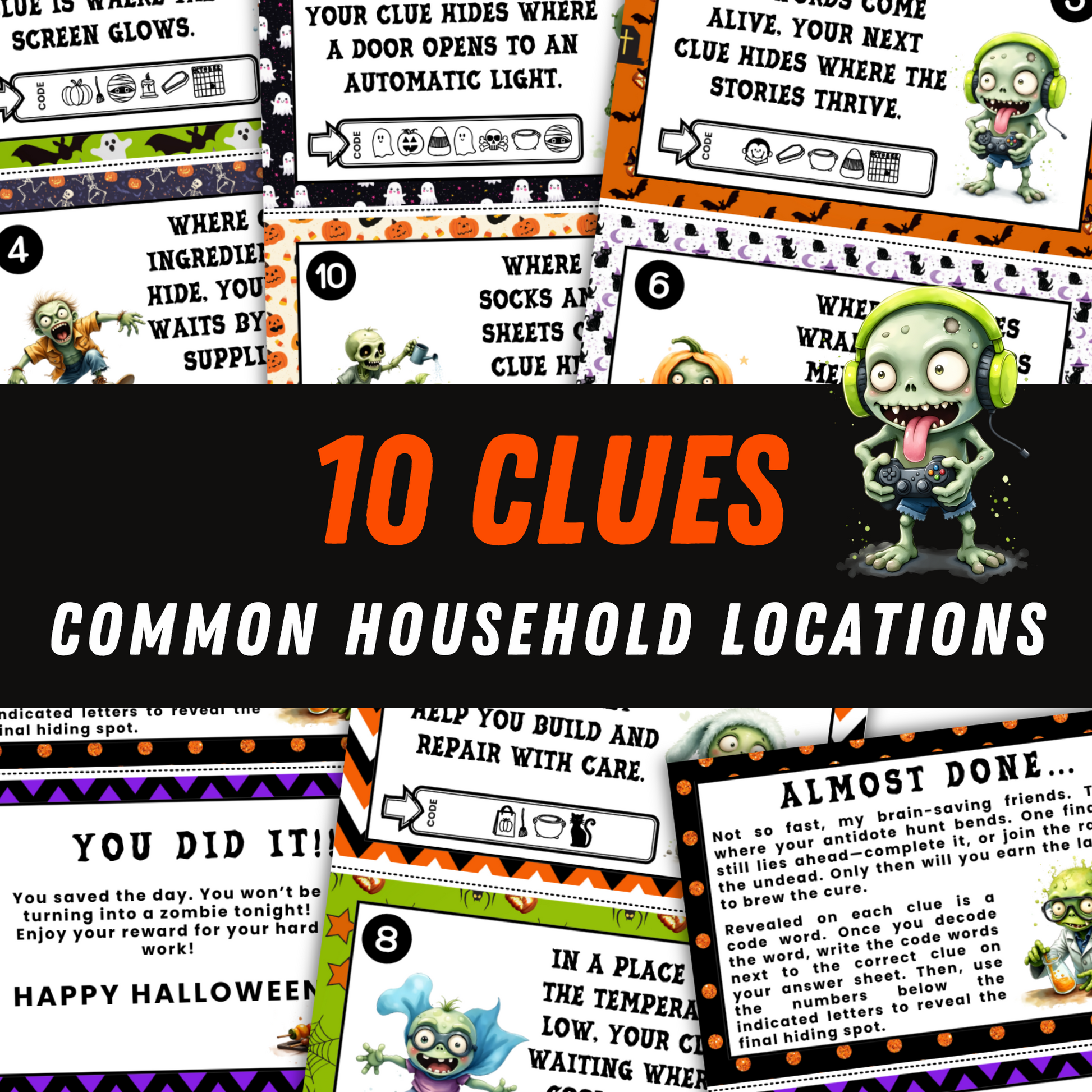 Halloween-themed clue cards with zombie graphics and text, featuring the title '10 Clues Common Household Locations'.