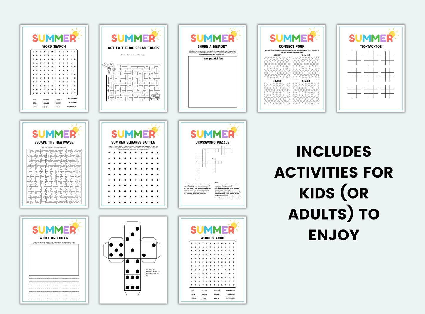 Set of summer-themed activity sheets for kids on a light gray background