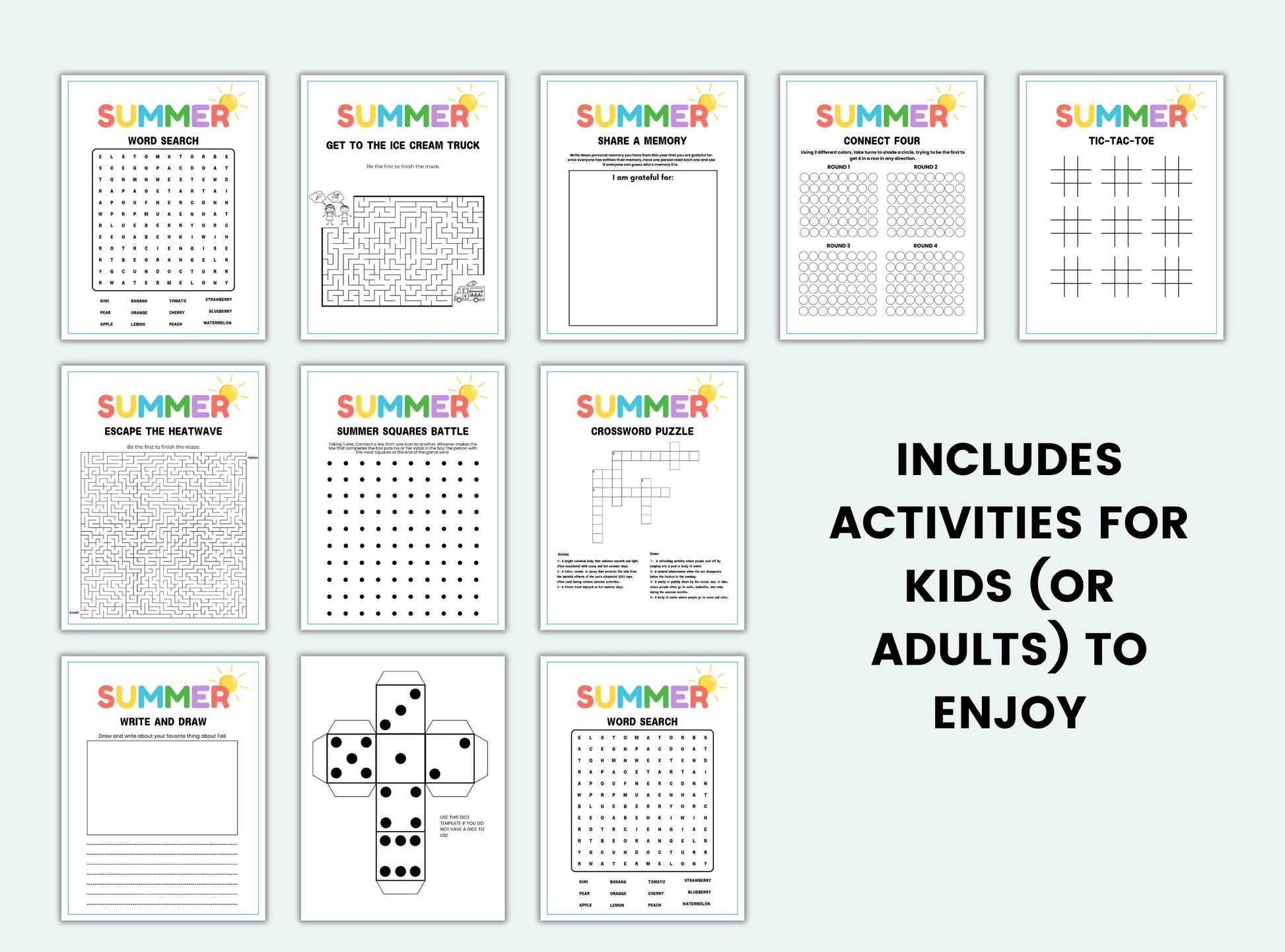 Set of summer-themed activity sheets for kids on a light gray background