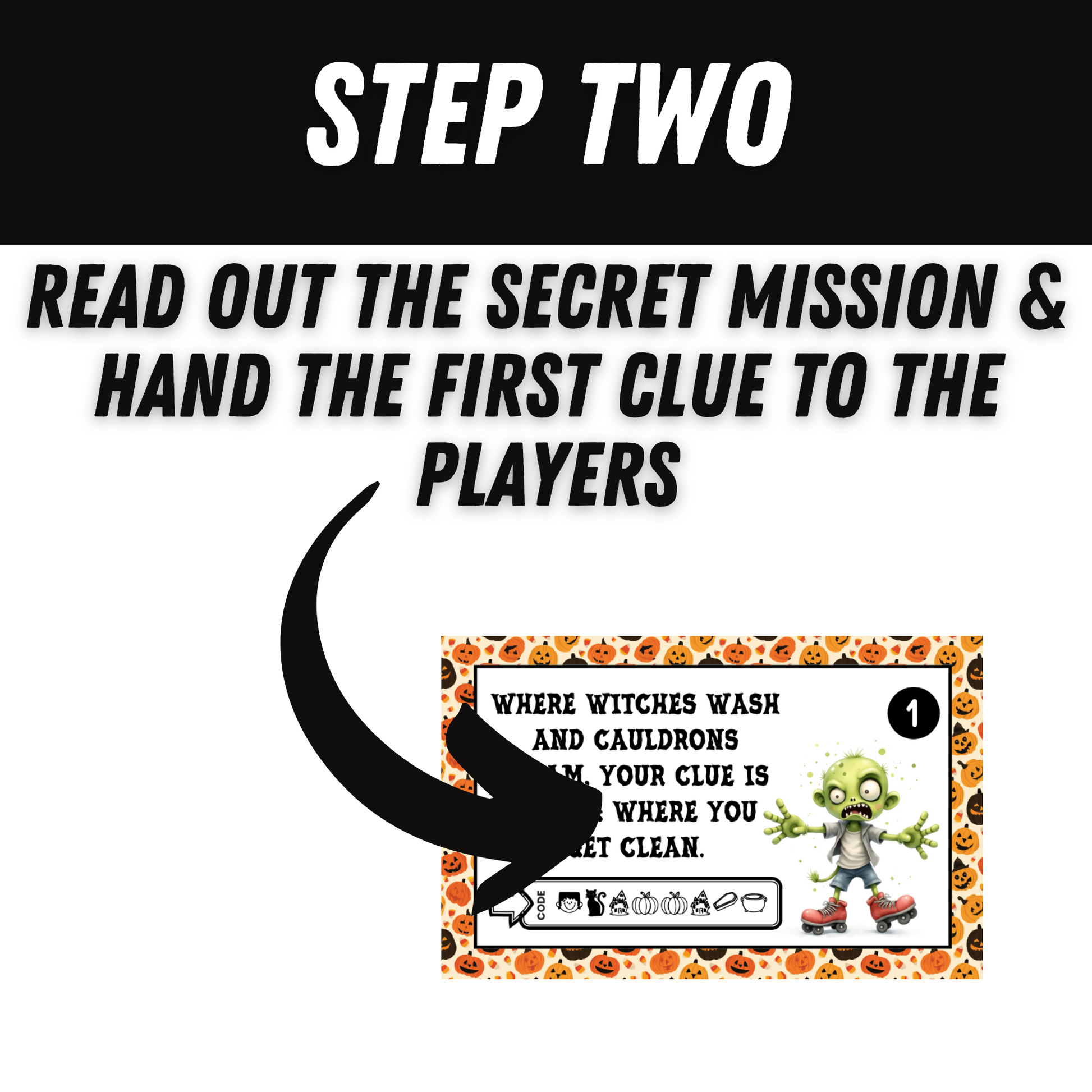 Instructional text with a cartoon zombie character on a card, set against a black and white background.
