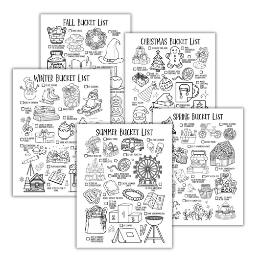 Set of four black and white bucket list printables for different seasons on a white background.