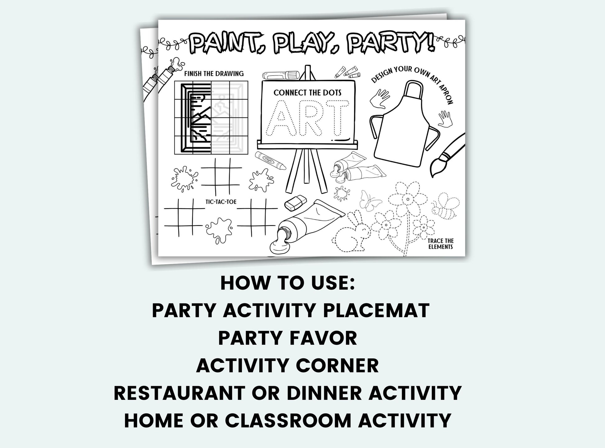 Party activity placemat with black and white illustrations on a white background