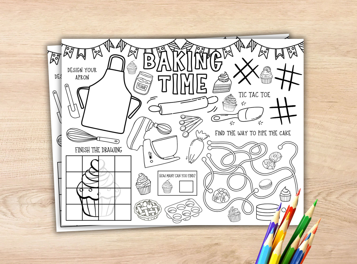Coloring book page titled 'Baking Time' with various activities on a wooden surface.