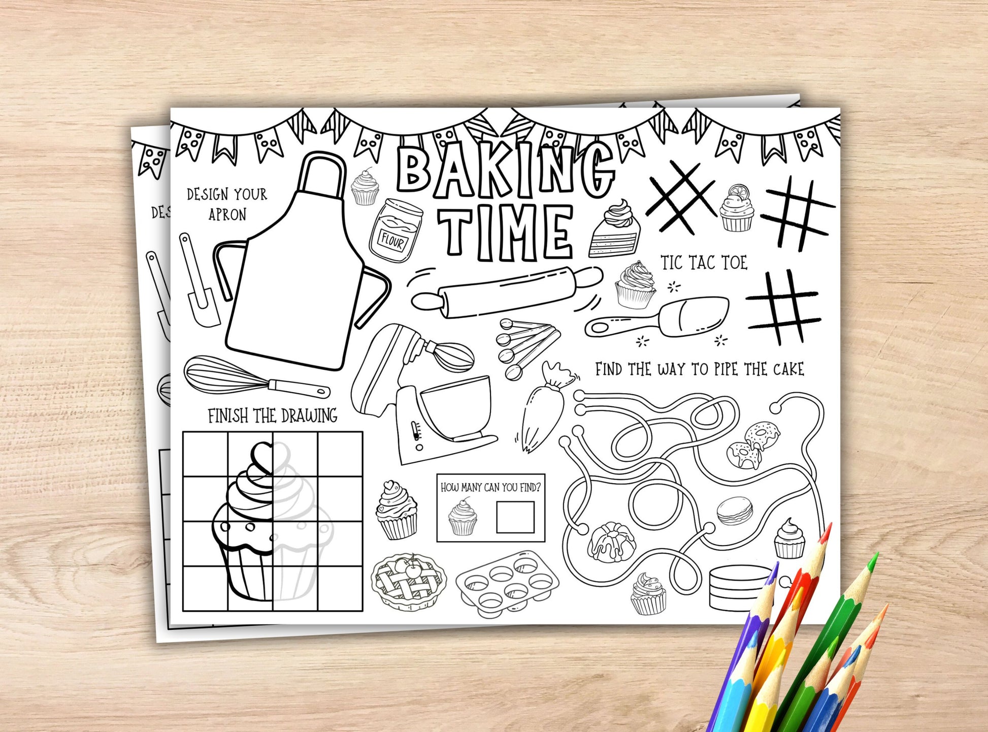 Coloring book page titled 'Baking Time' with various activities on a wooden surface.