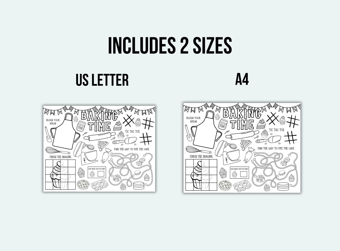 Two baking-themed coloring pages with text indicating two sizes: US Letter and A4.