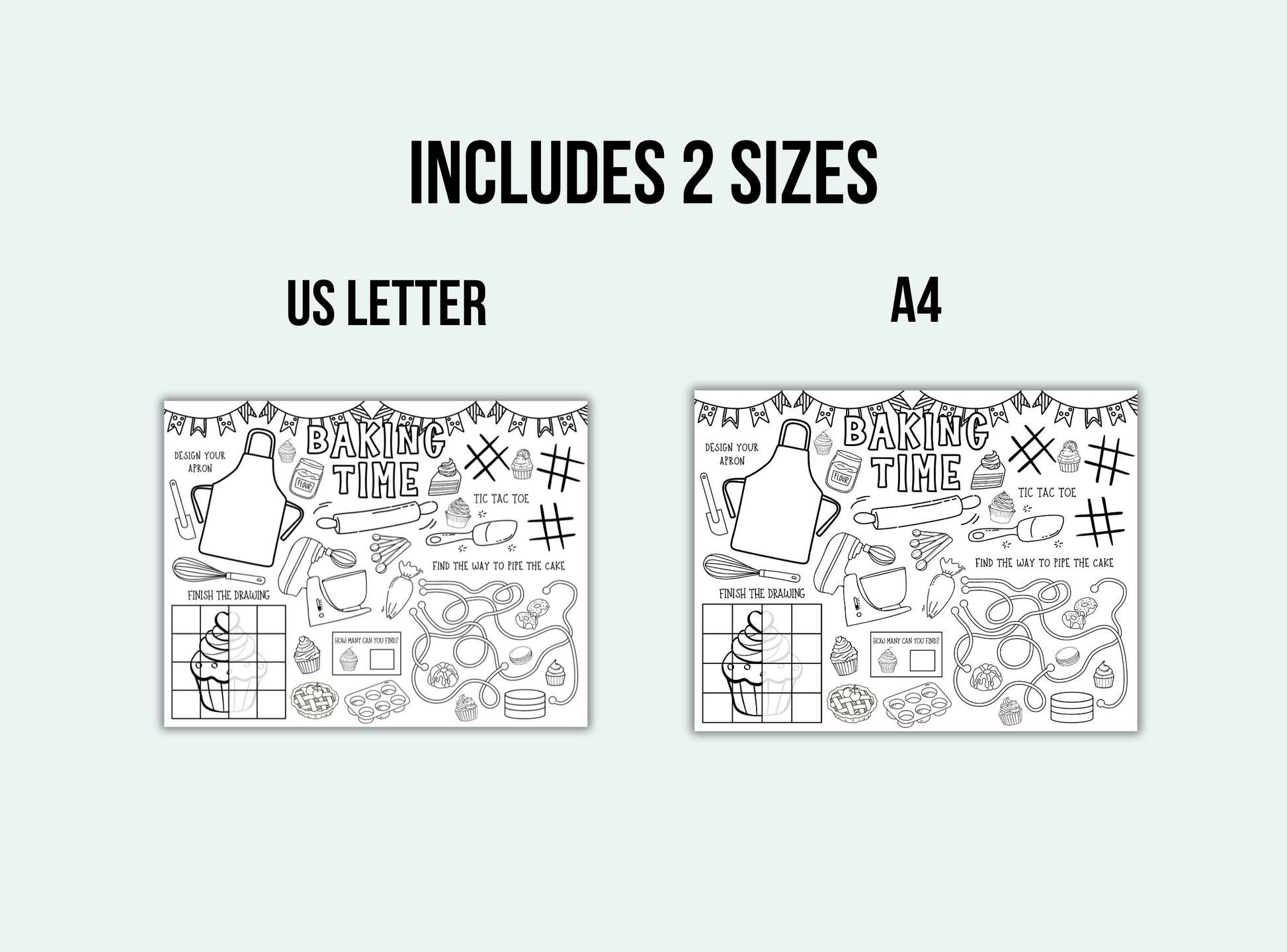 Two baking-themed coloring pages with text indicating two sizes: US Letter and A4.