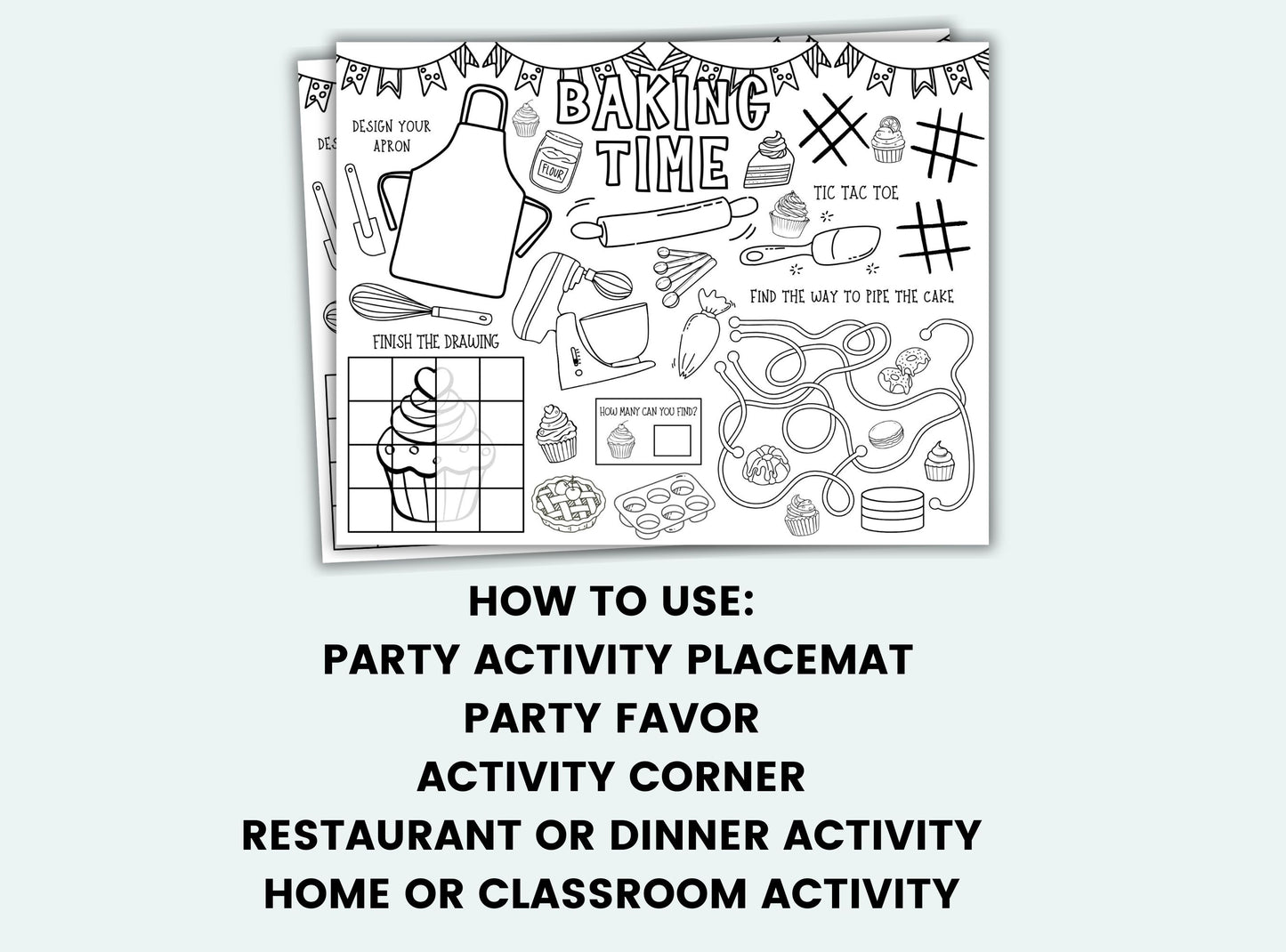 Black and white party activity placemat with various graphics and text on a white background.