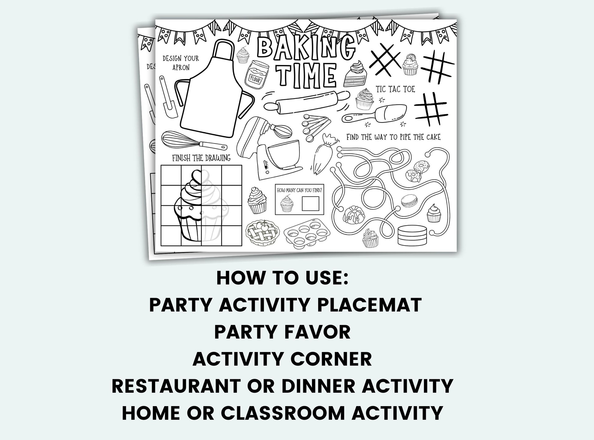 Black and white party activity placemat with various graphics and text on a white background.