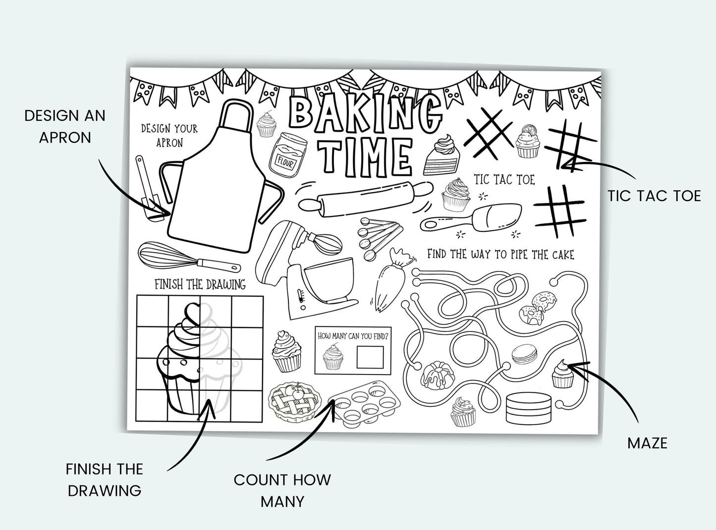 Coloring page with baking-themed activities on a white background
