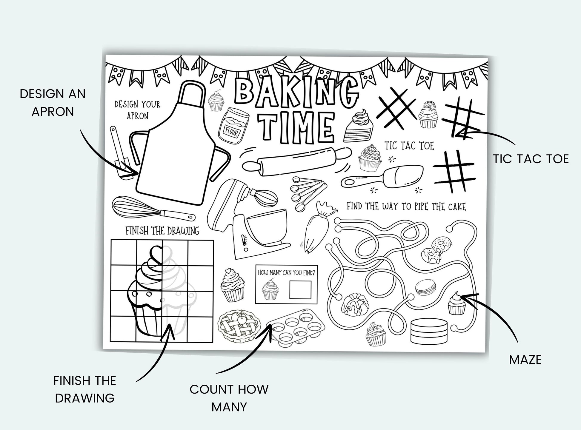 Coloring page with baking-themed activities on a white background