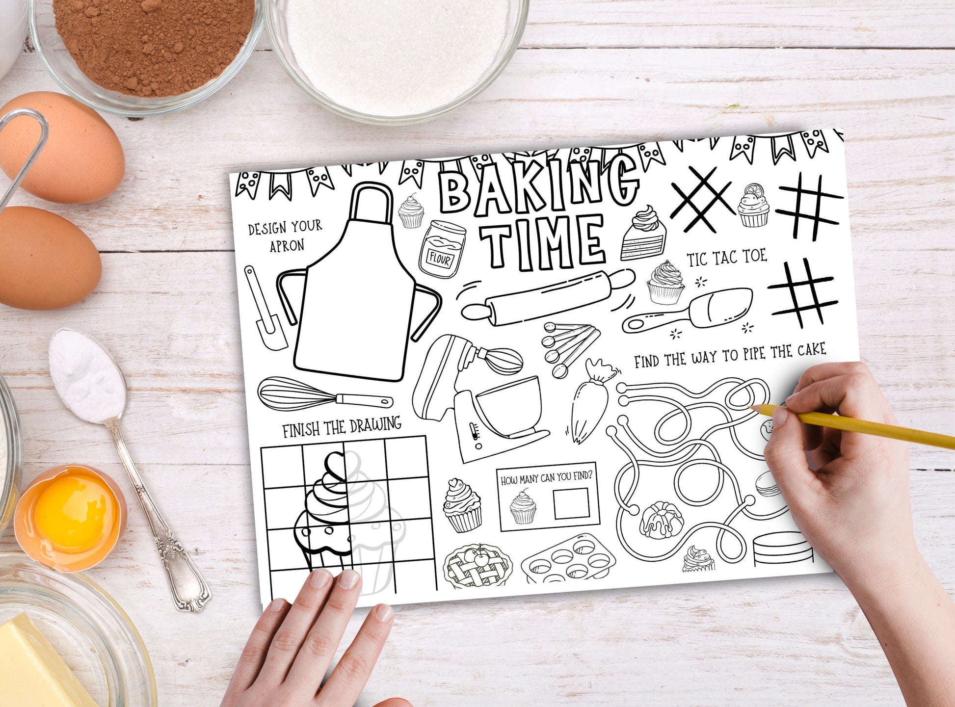 Coloring sheet titled 'Baking Time' on a table with baking ingredients and utensils.