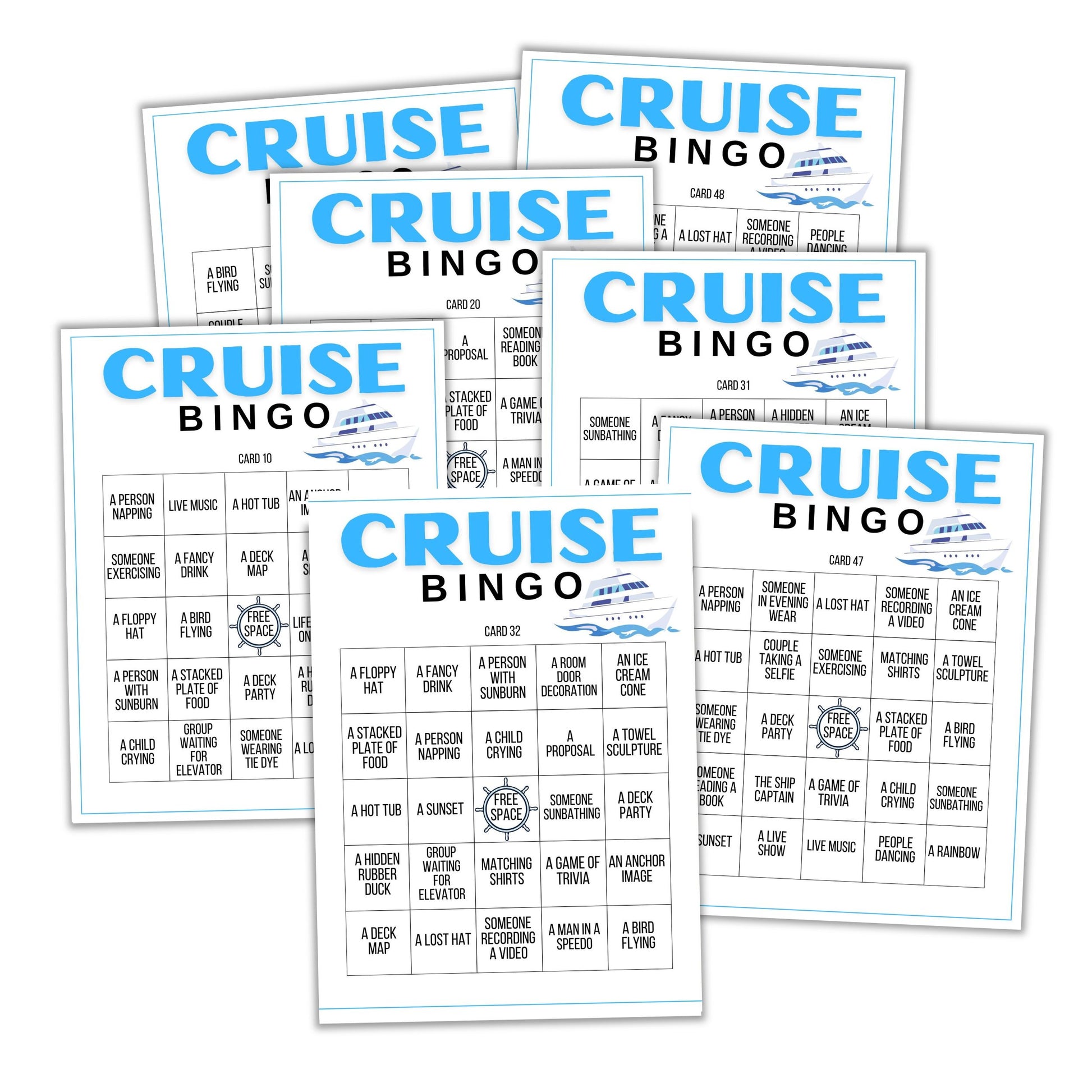 Set of cruise bingo cards with blue and black text on a white background