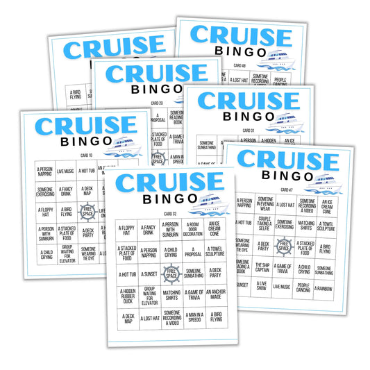 Set of cruise bingo cards with blue and black text on a white background