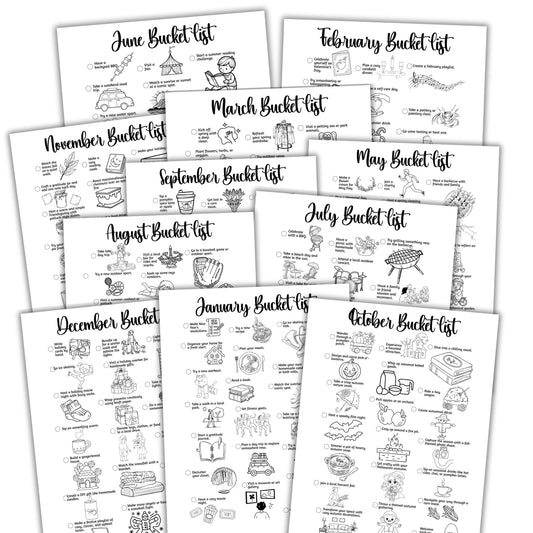Collection of black and white bucket list printables for each month of the year.