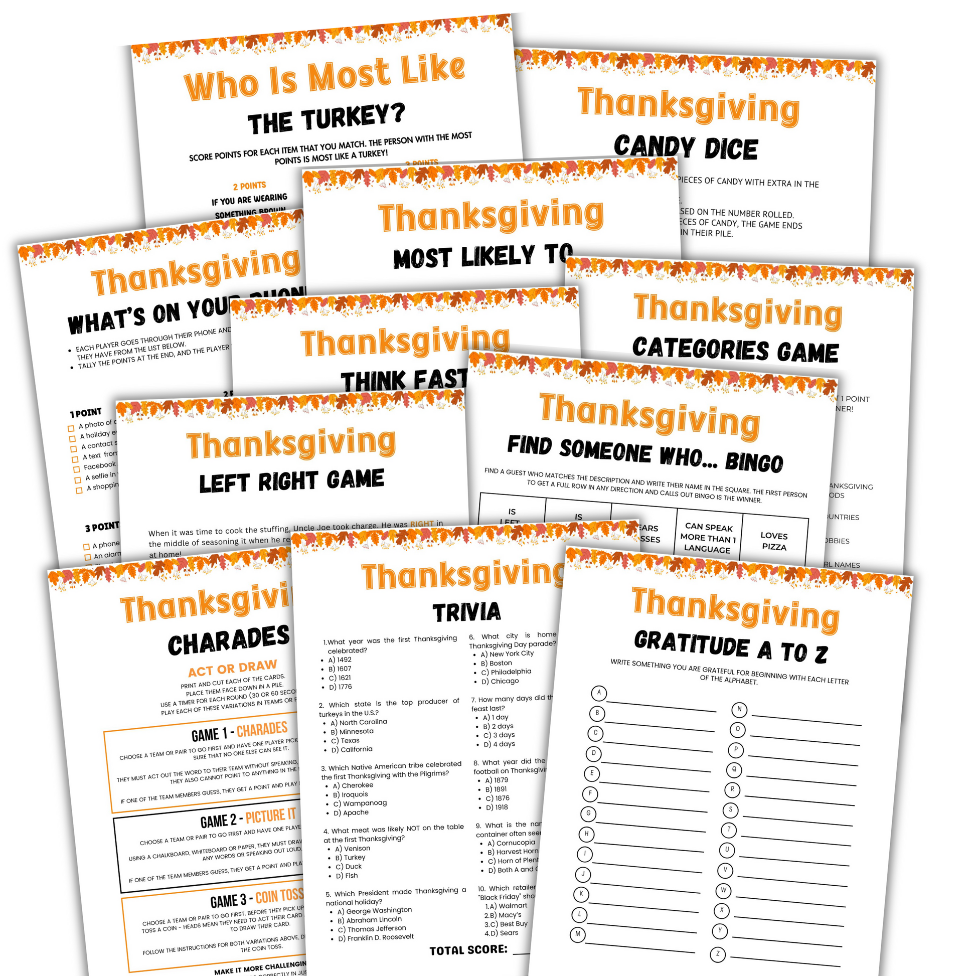 Collection of Thanksgiving-themed games and activities on printed sheets.