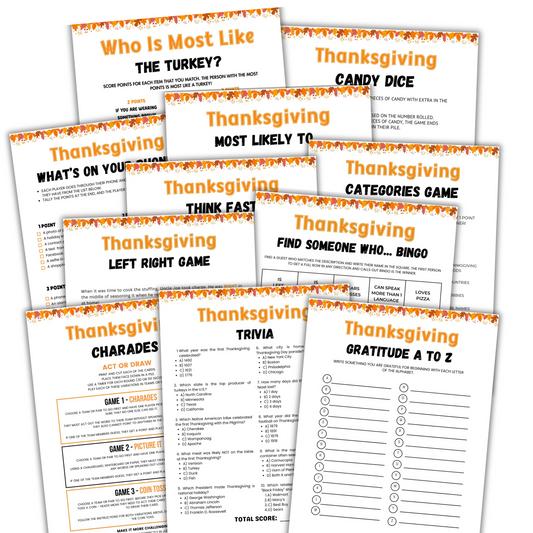 Collection of Thanksgiving-themed games and activities on printed sheets.