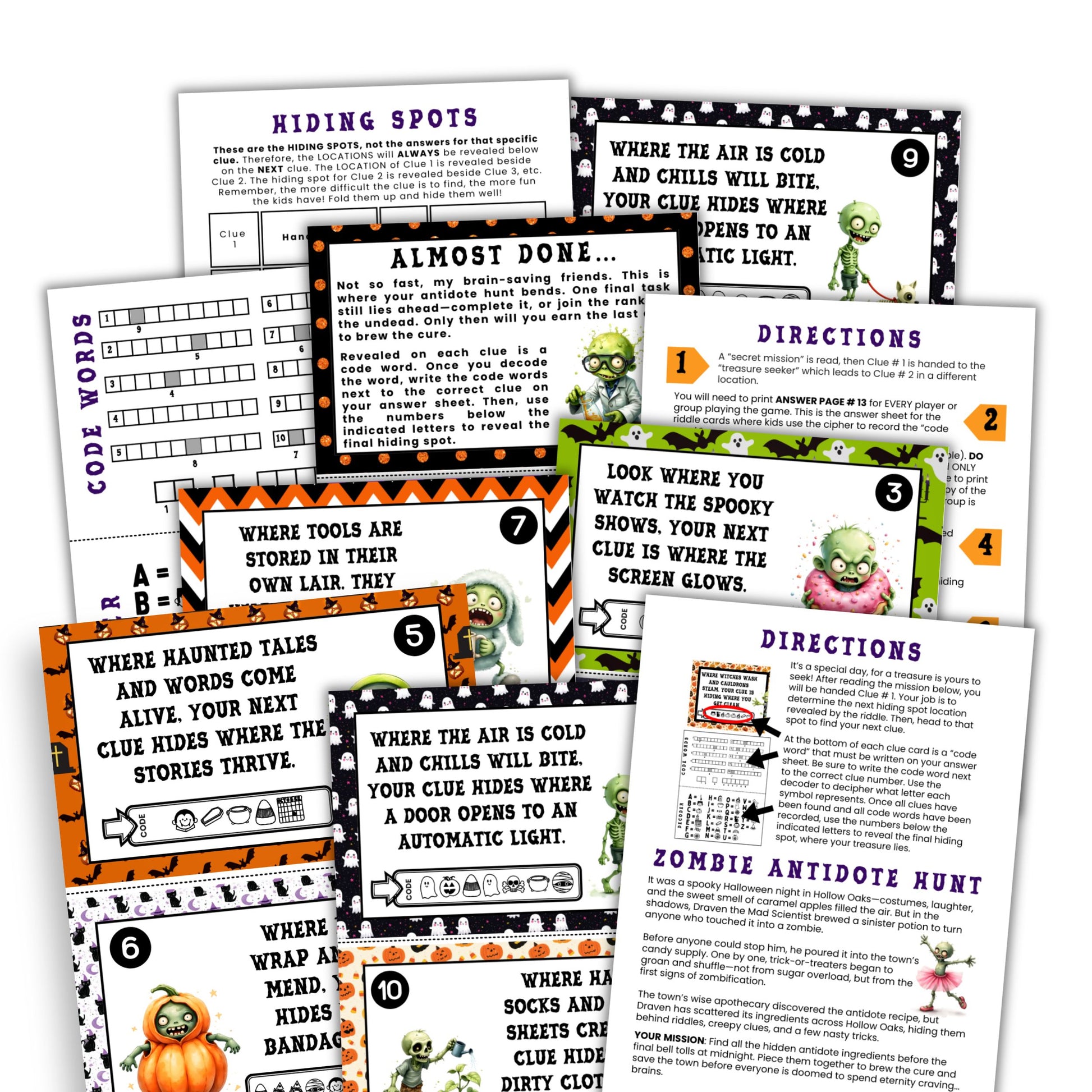Halloween-themed clue cards with zombie graphics and text instructions on a white background