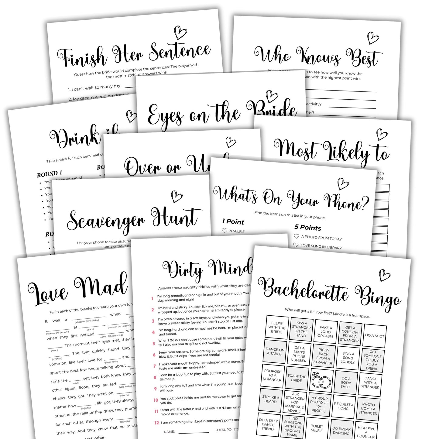 Collection of bachelorette party games and activities on white paper.