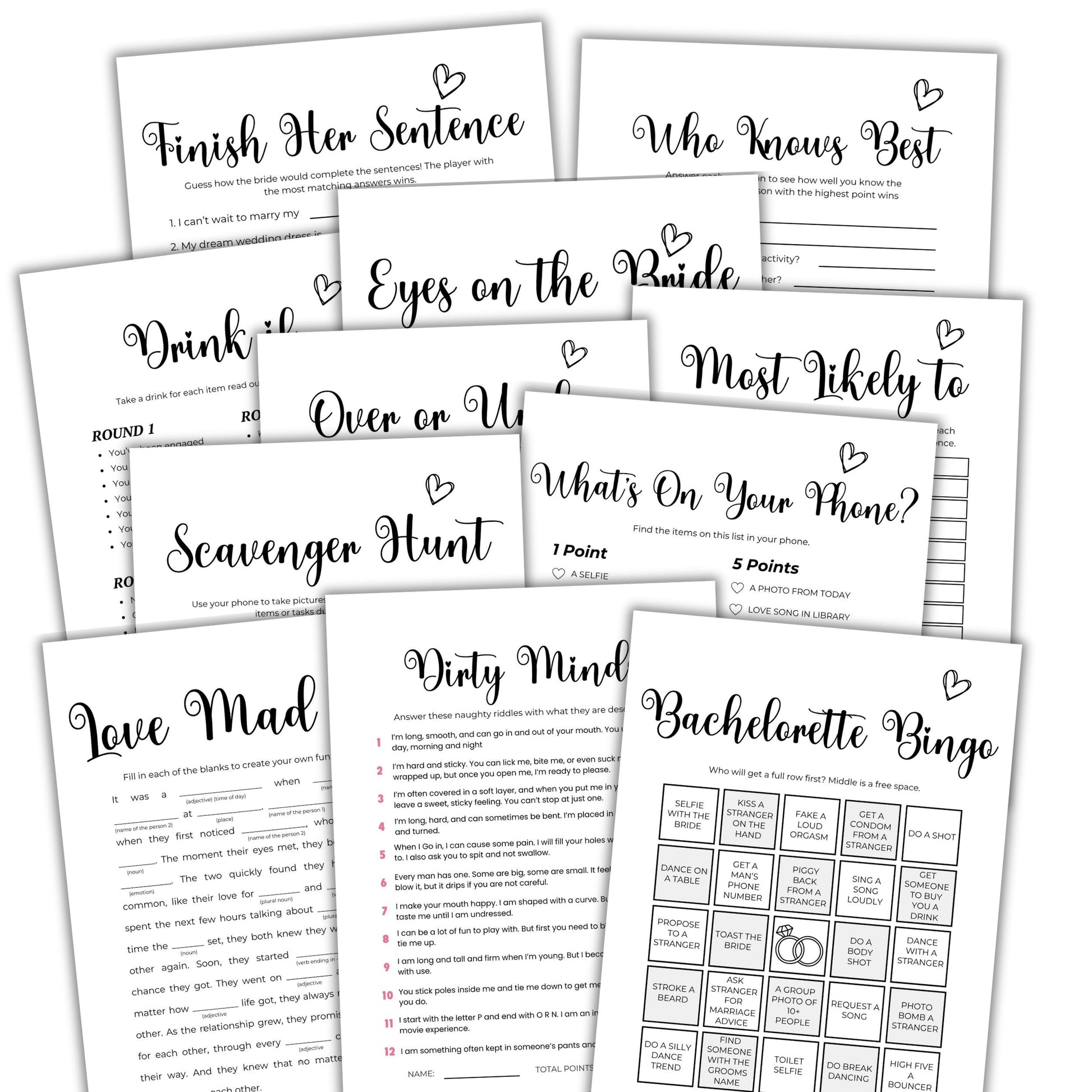 Collection of bachelorette party games and activities on white paper.